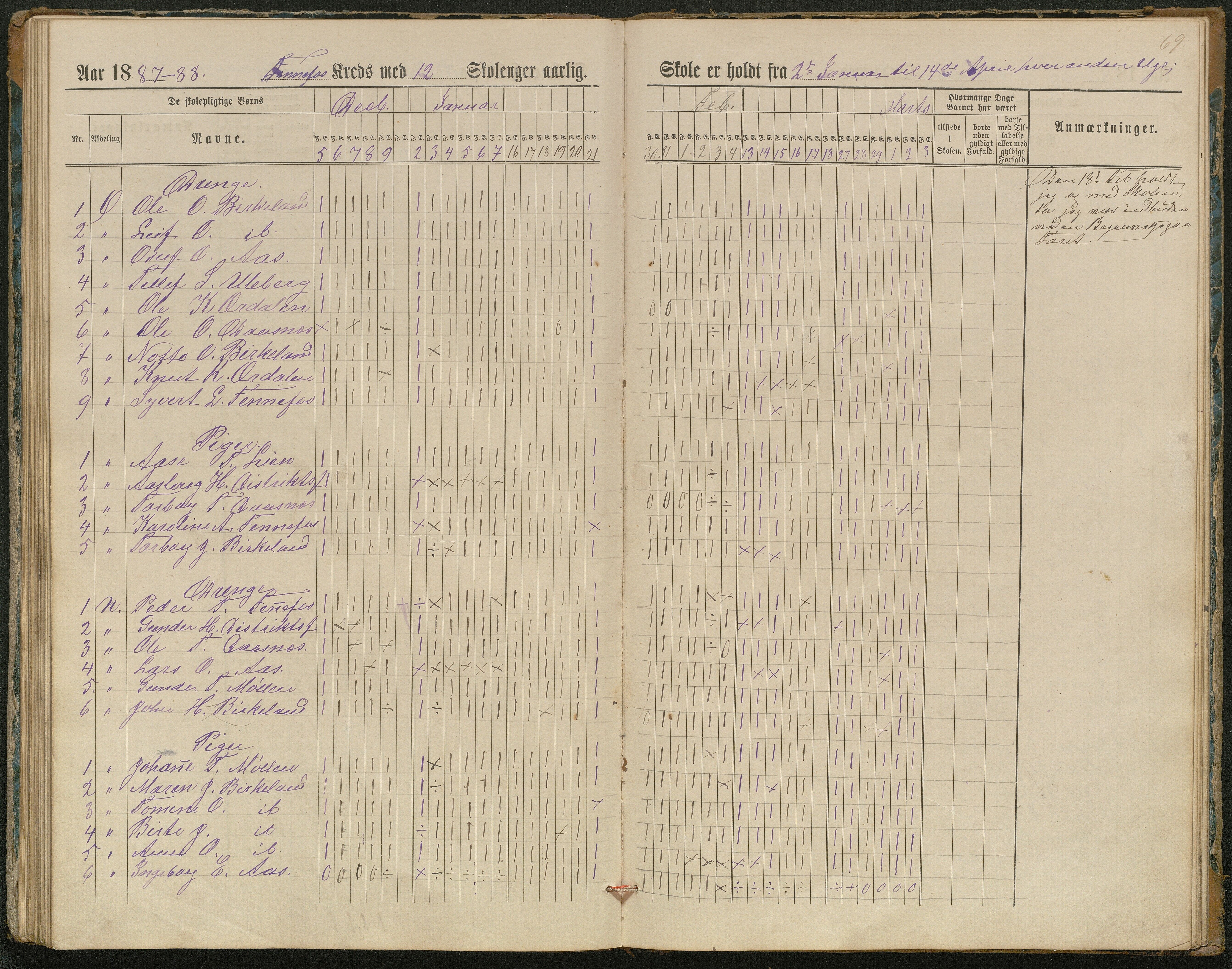 Hornnes kommune, Kjetså, Fennefoss skolekrets, AAKS/KA0936-550c/F1/L0002: Skoleprotokoll. Kjetså og Fennefoss, 1884-1896, p. 69