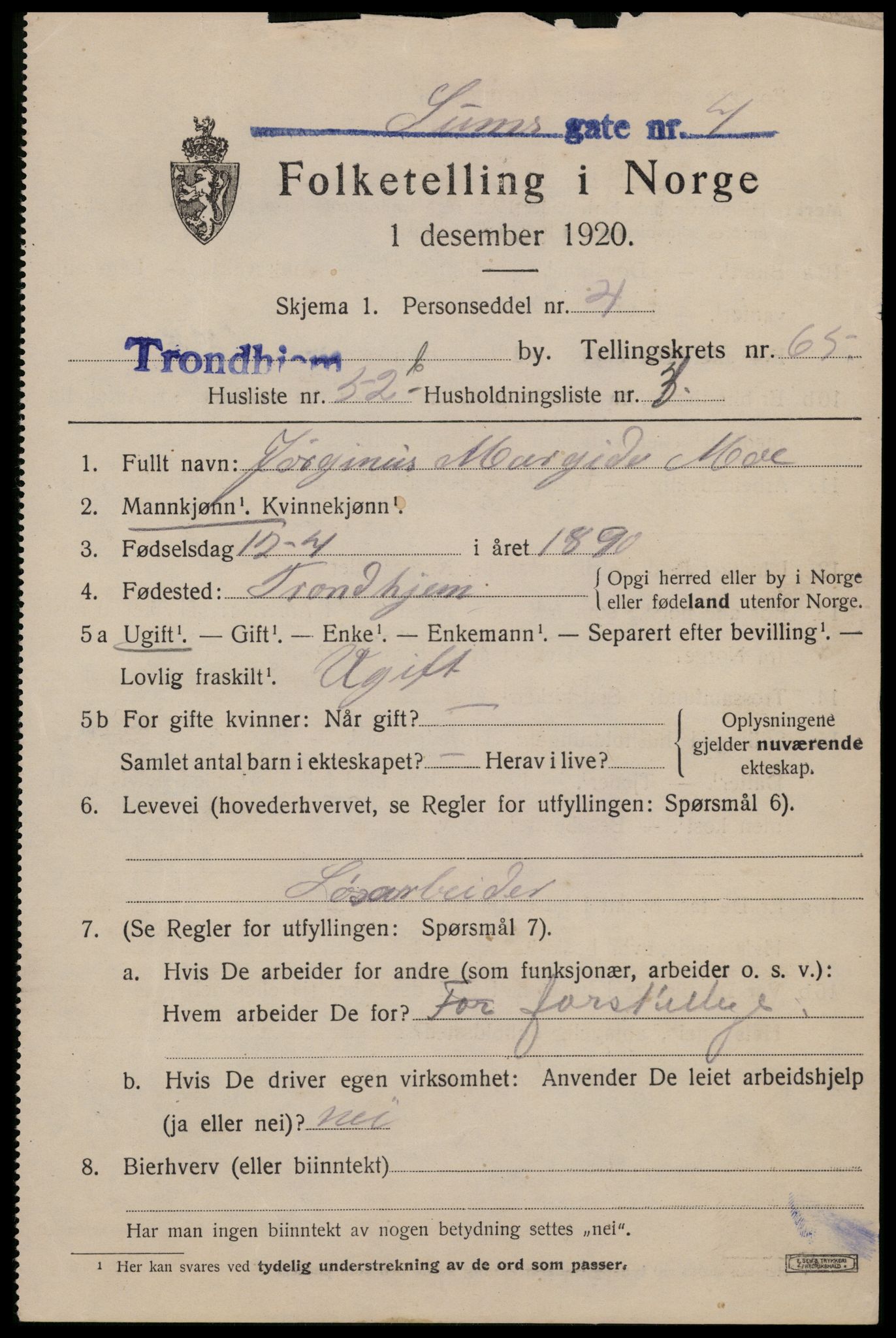SAT, 1920 census for Trondheim, 1920, p. 130176