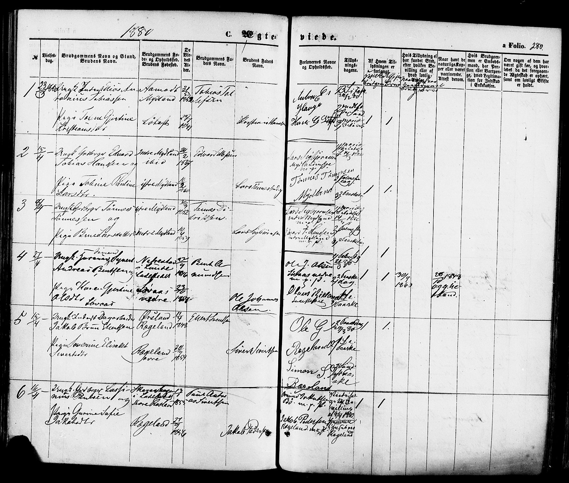 Sokndal sokneprestkontor, AV/SAST-A-101808: Parish register (official) no. A 10, 1874-1886, p. 280