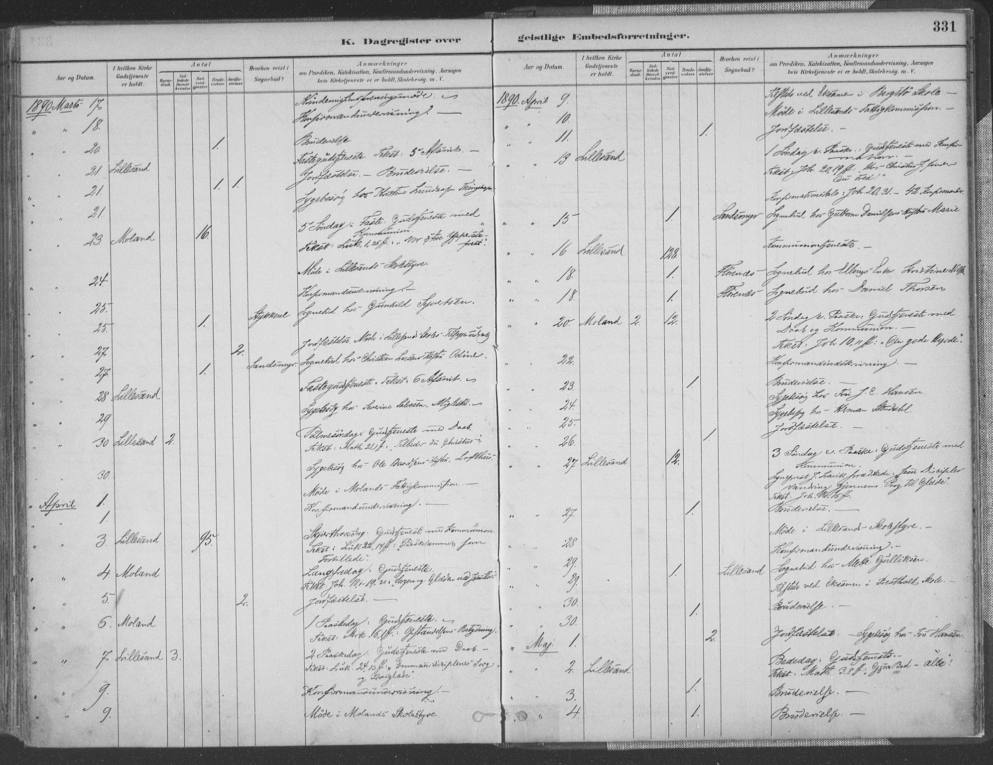 Vestre Moland sokneprestkontor, AV/SAK-1111-0046/F/Fa/Fab/L0009: Parish register (official) no. A 9, 1884-1899, p. 331