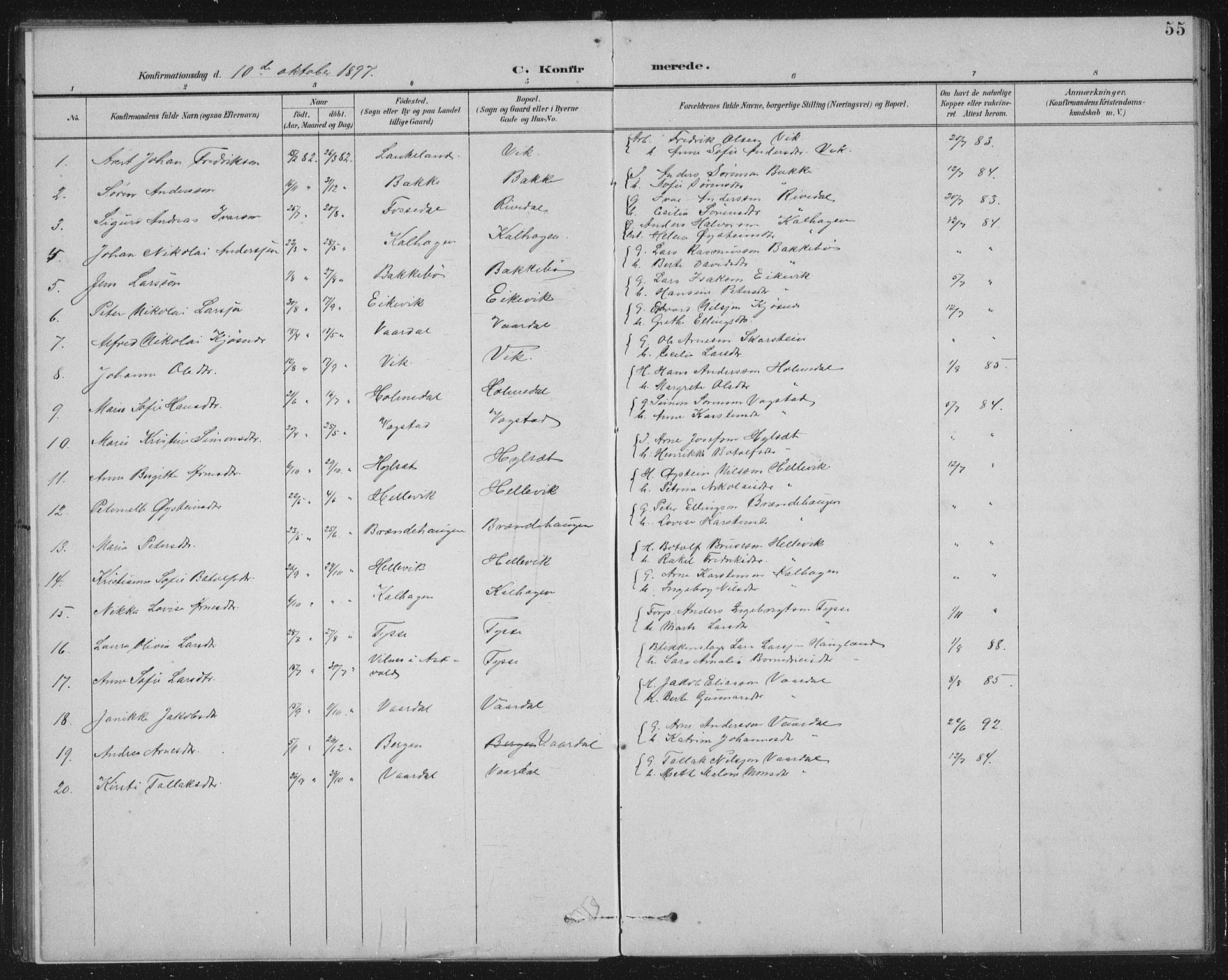 Fjaler sokneprestembete, AV/SAB-A-79801/H/Hab/Habb/L0002: Parish register (copy) no. B 2, 1895-1915, p. 55