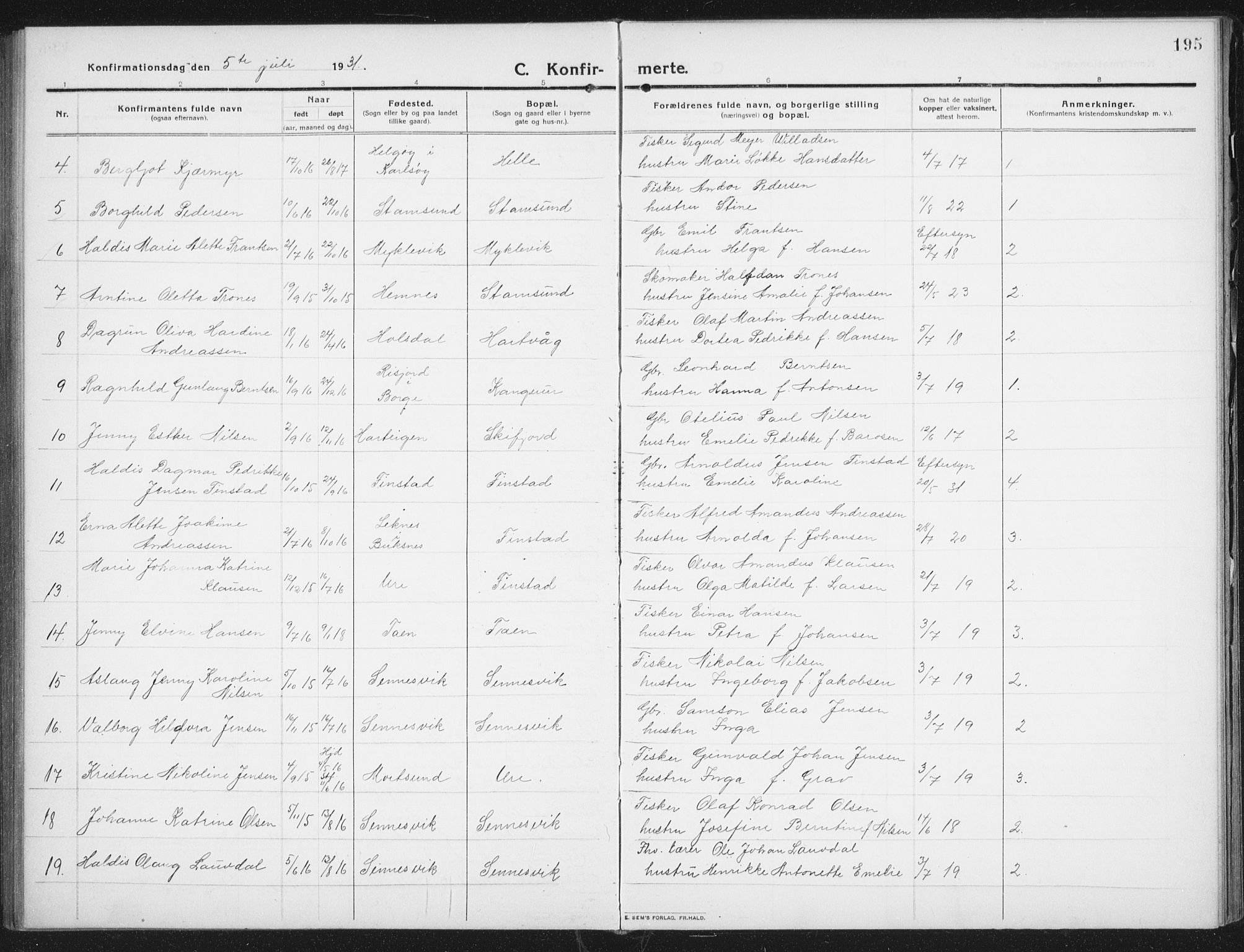 Ministerialprotokoller, klokkerbøker og fødselsregistre - Nordland, SAT/A-1459/882/L1183: Parish register (copy) no. 882C01, 1911-1938, p. 195