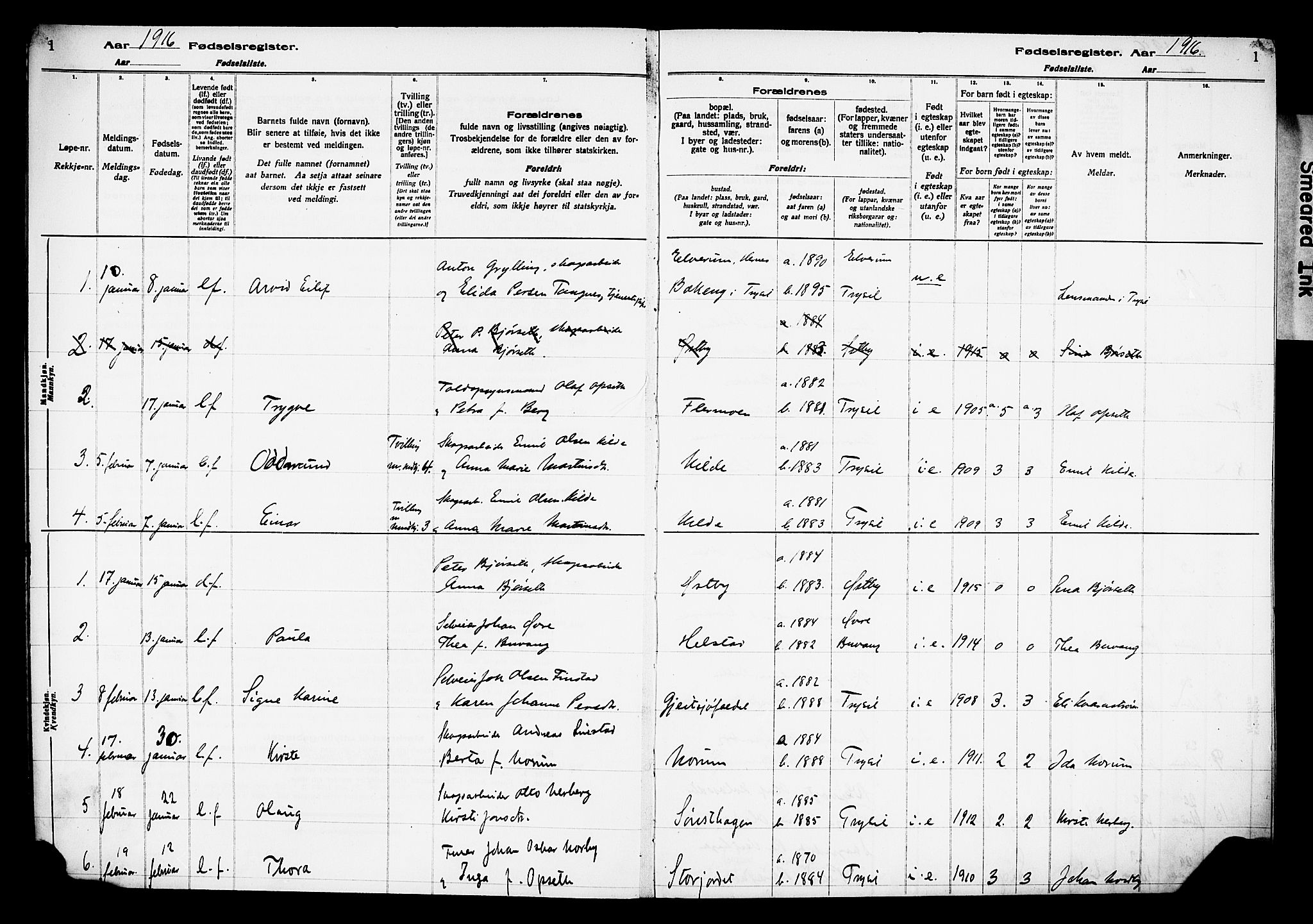 Trysil prestekontor, AV/SAH-PREST-046/I/Id/Ida/L0001: Birth register no. I 1, 1916-1927, p. 1