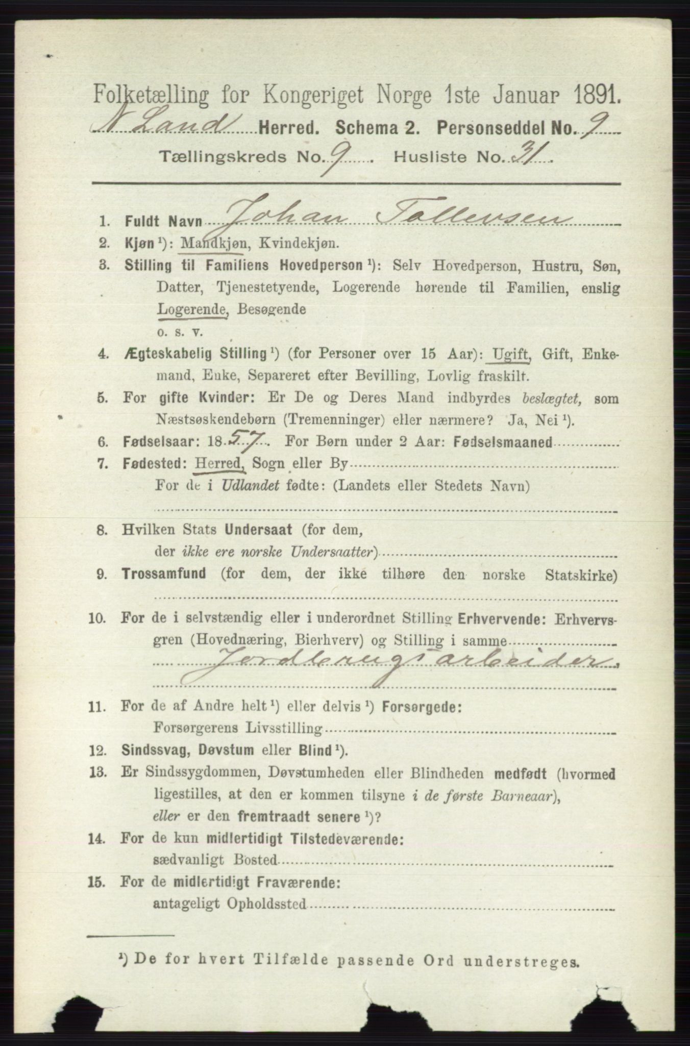 RA, 1891 census for 0538 Nordre Land, 1891, p. 2767