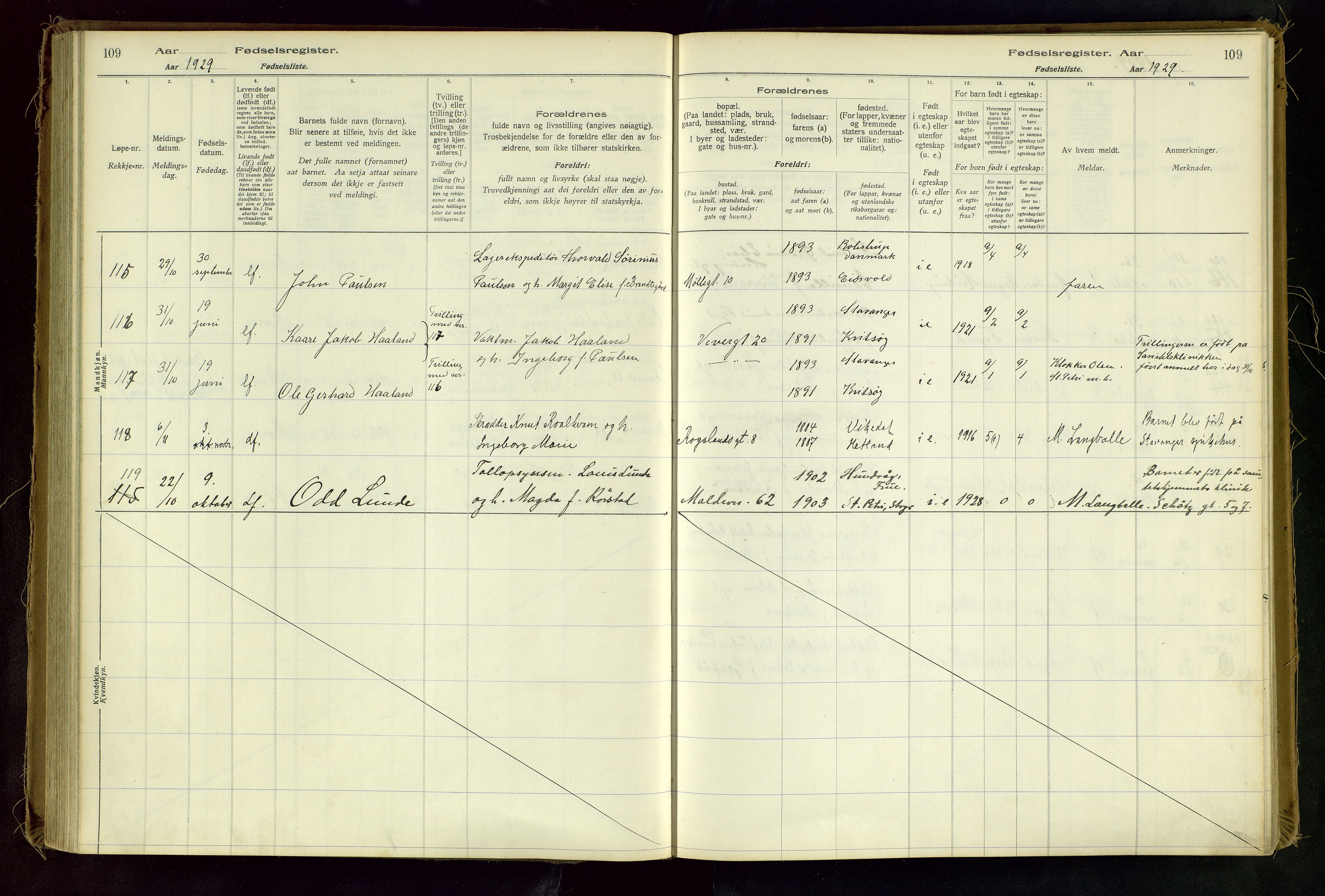 Domkirken sokneprestkontor, AV/SAST-A-101812/002/A/L0001: Birth register no. 1, 1925-1932, p. 109