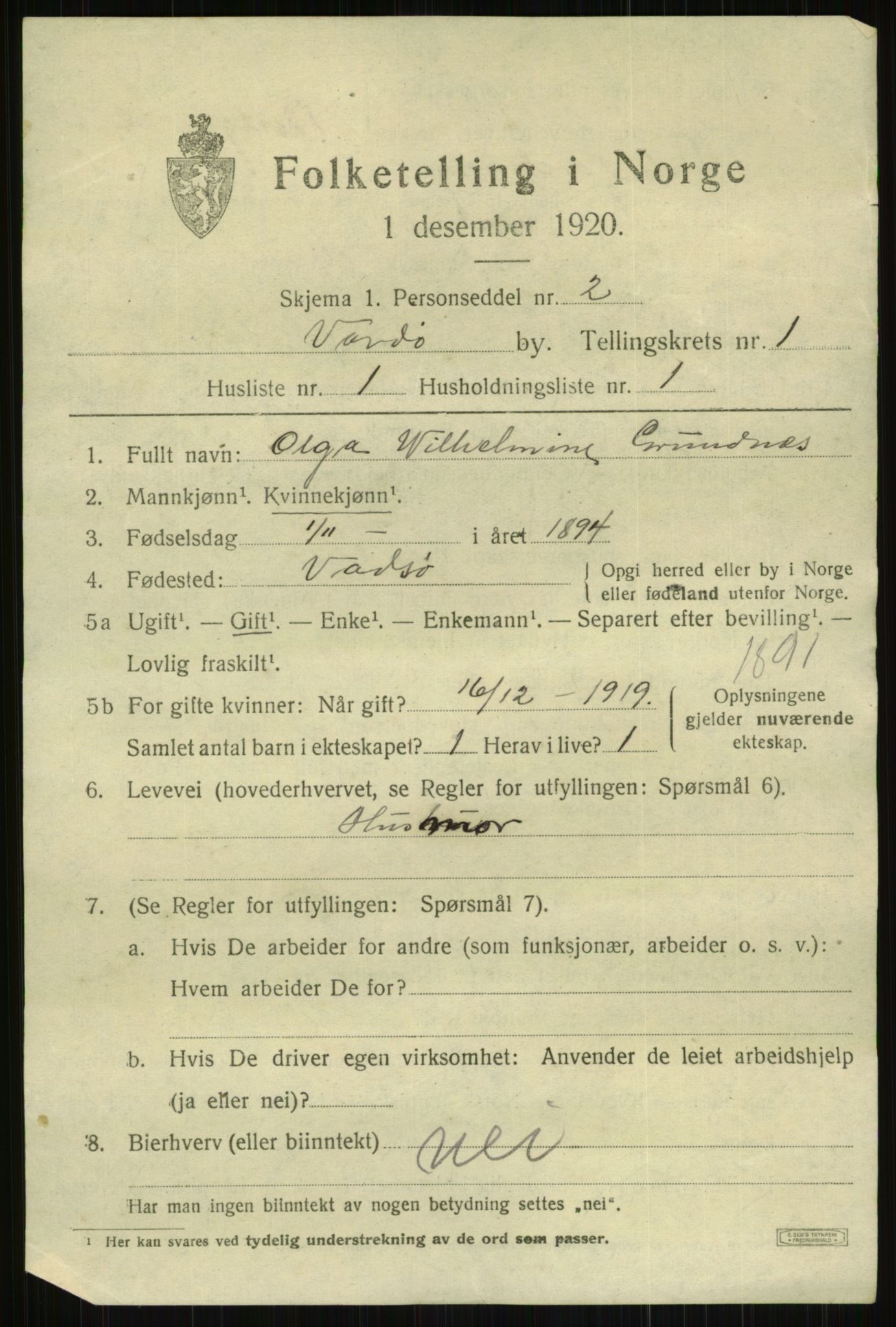 SATØ, 1920 census for Vardø, 1920, p. 2361