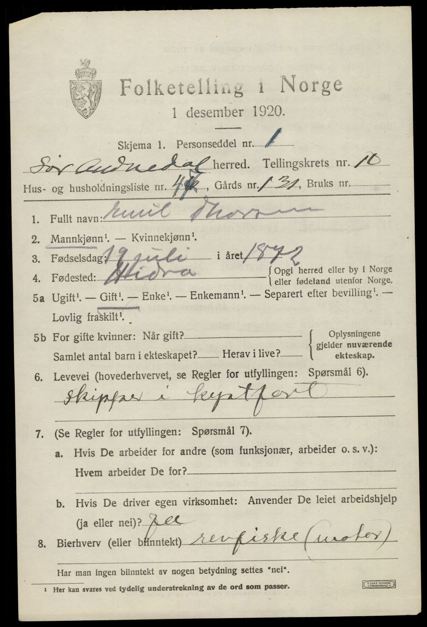 SAK, 1920 census for Sør-Audnedal, 1920, p. 4233