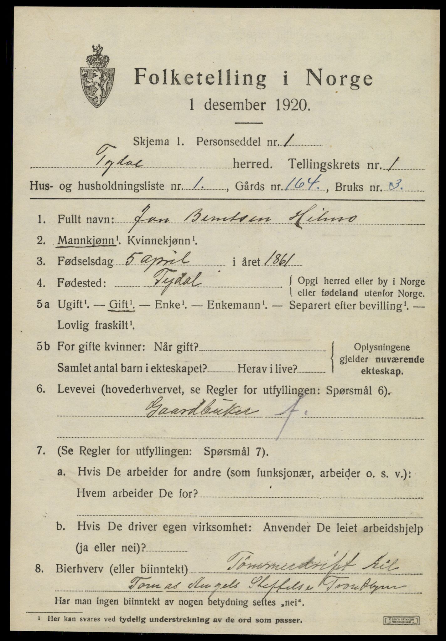 SAT, 1920 census for Tydal, 1920, p. 309