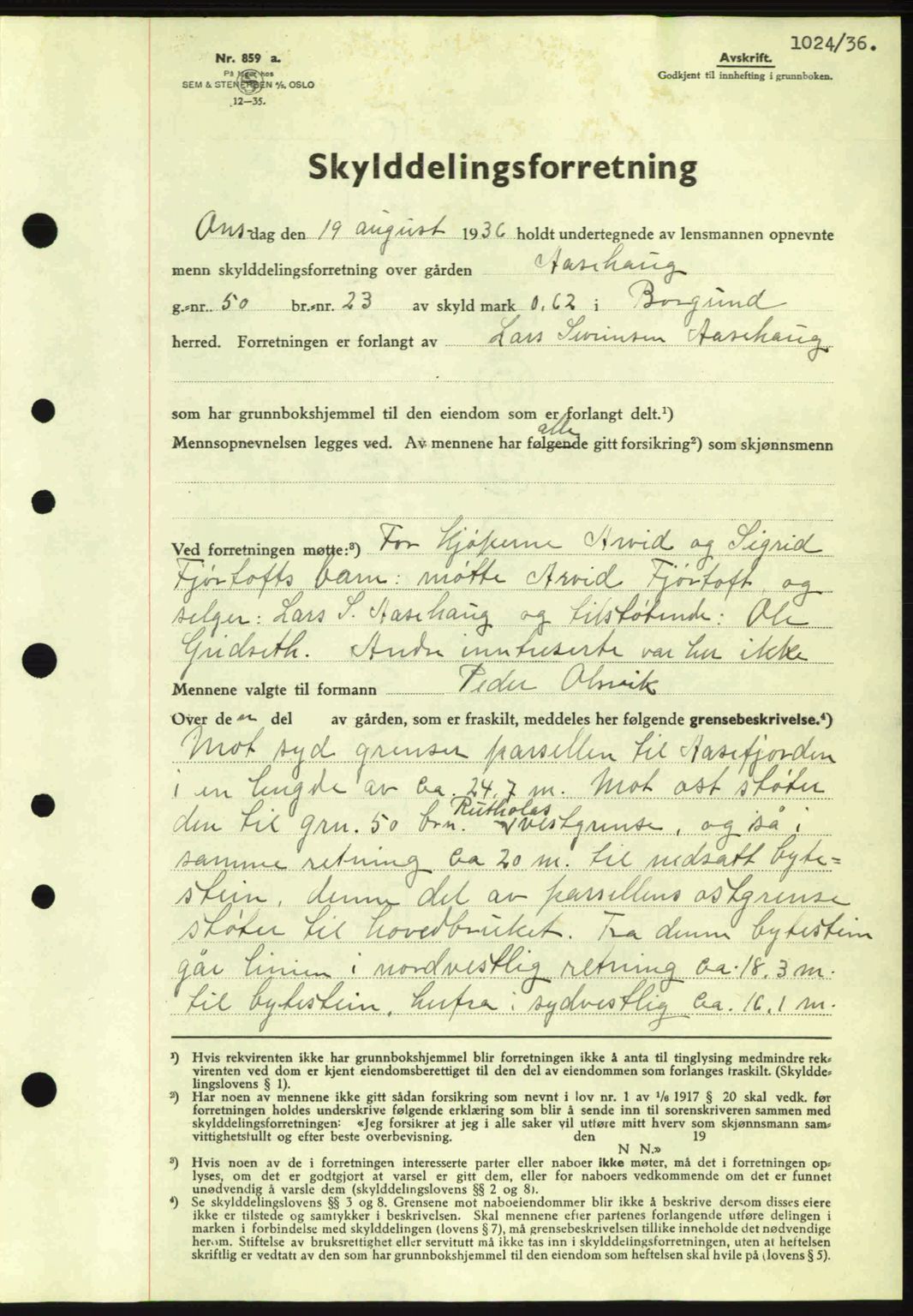 Nordre Sunnmøre sorenskriveri, AV/SAT-A-0006/1/2/2C/2Ca: Mortgage book no. A1, 1936-1936, Diary no: : 1024/1936