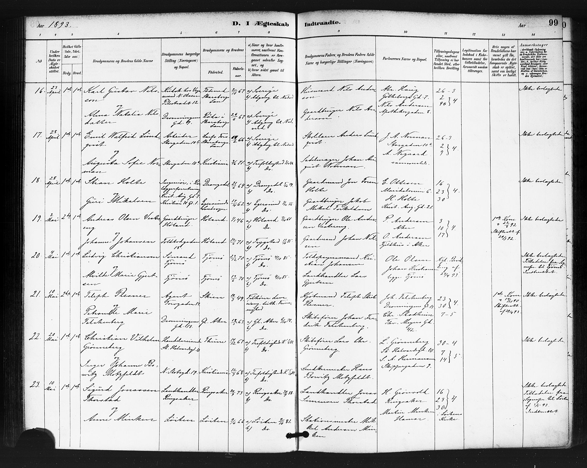 Oslo domkirke Kirkebøker, SAO/A-10752/F/Fa/L0032: Parish register (official) no. 32, 1885-1902, p. 99