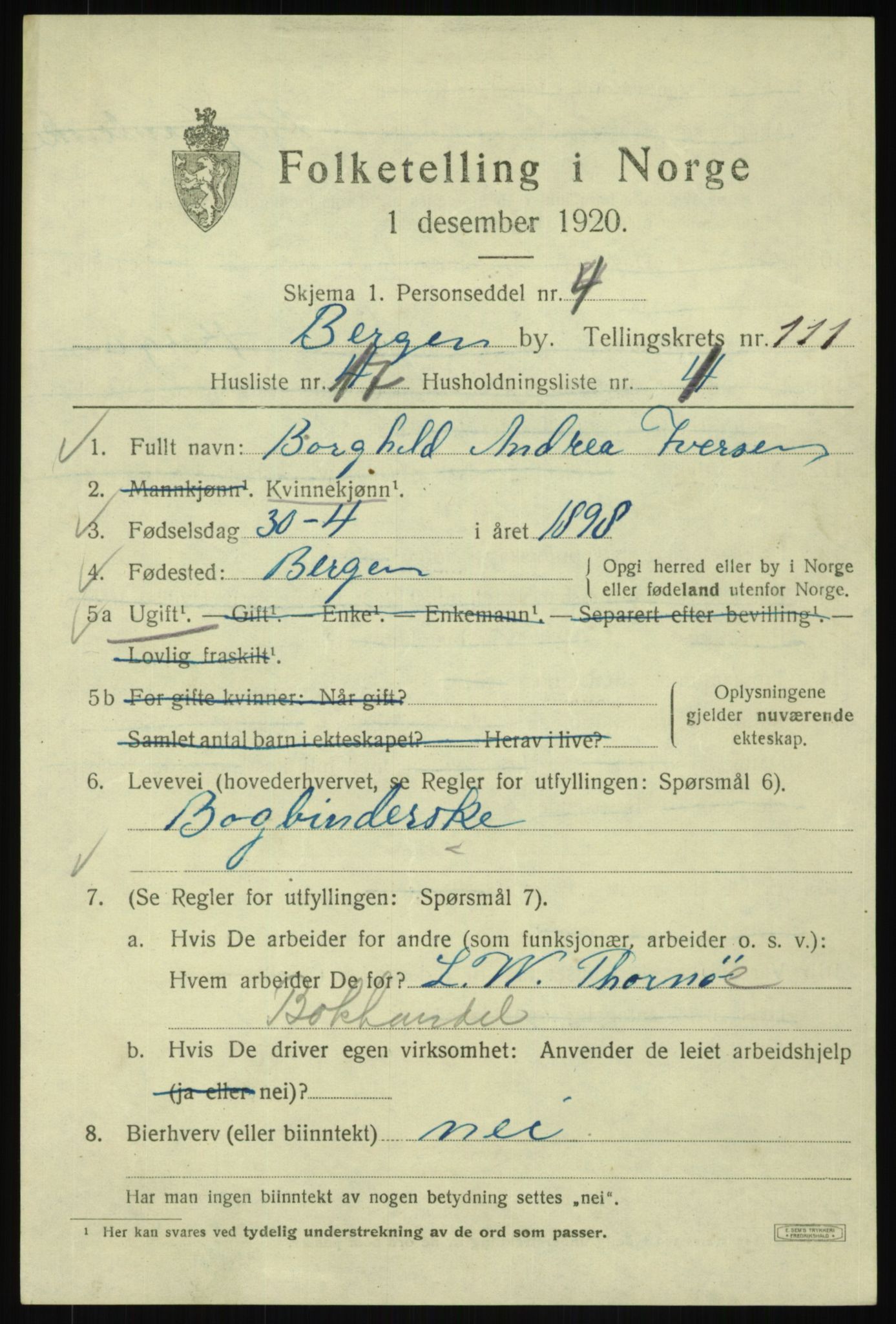 SAB, 1920 census for Bergen, 1920, p. 191491