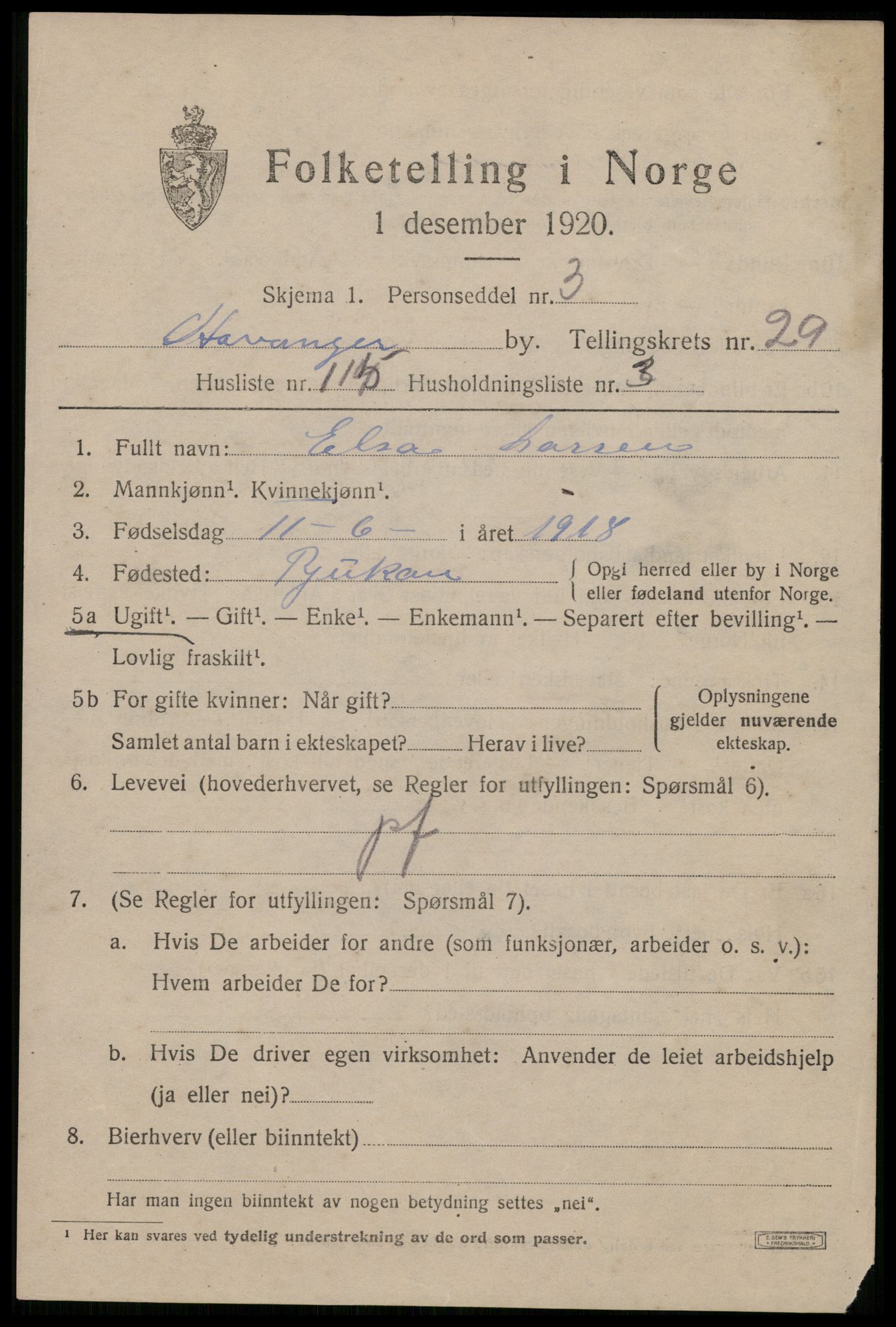 SAST, 1920 census for Stavanger, 1920, p. 84964