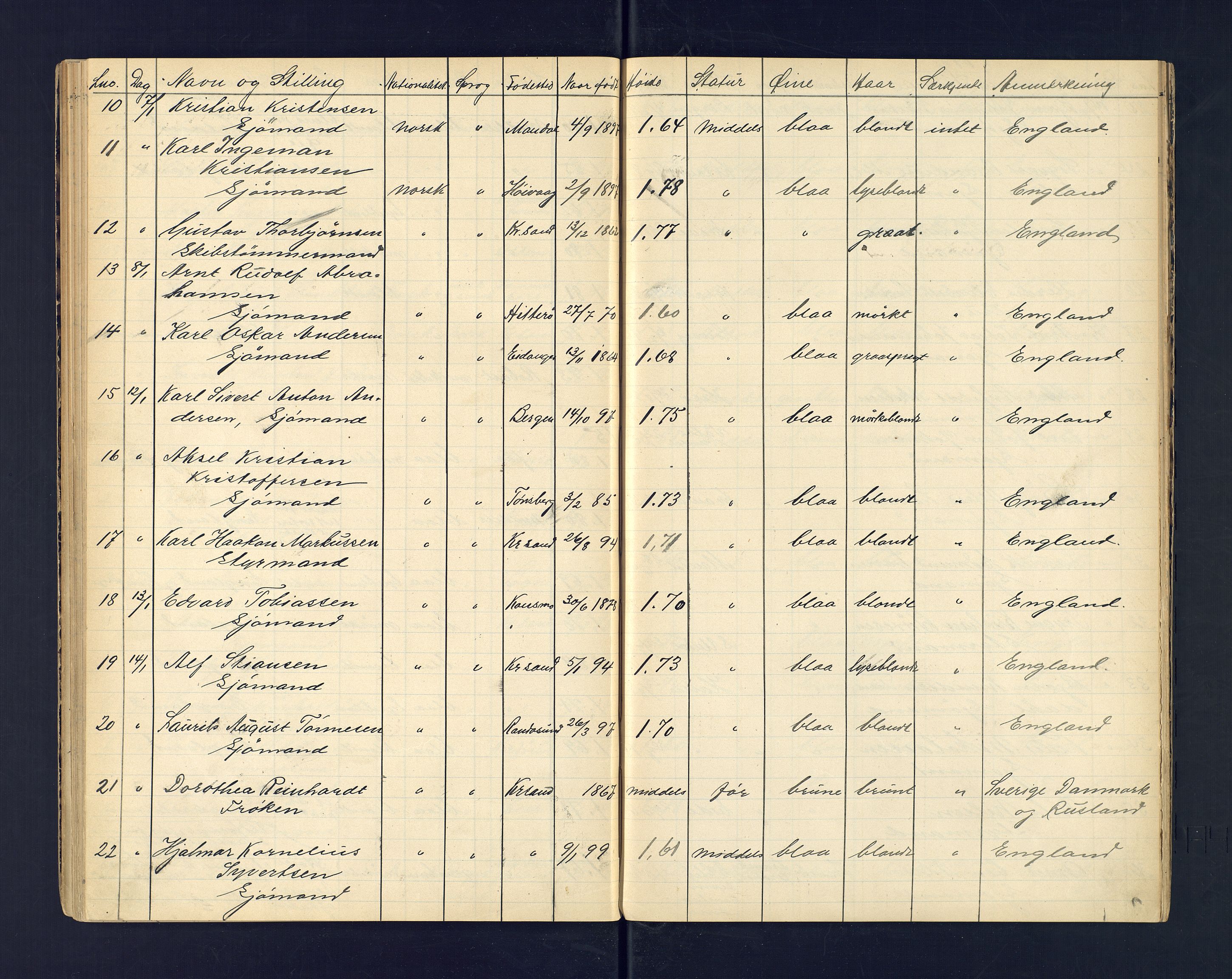Kristiansand politikammer, AV/SAK-1243-0004/K/Ka/L0224I: Reisepassprotokoll utstedte reisepass, 1889-1915, p. 57