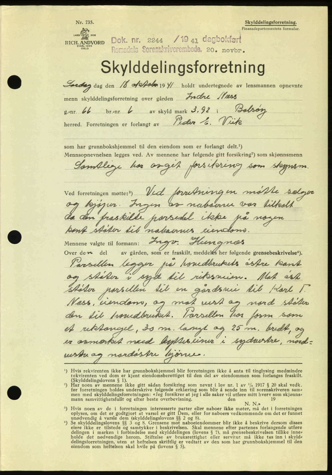 Romsdal sorenskriveri, AV/SAT-A-4149/1/2/2C: Mortgage book no. A11, 1941-1942, Diary no: : 2244/1941