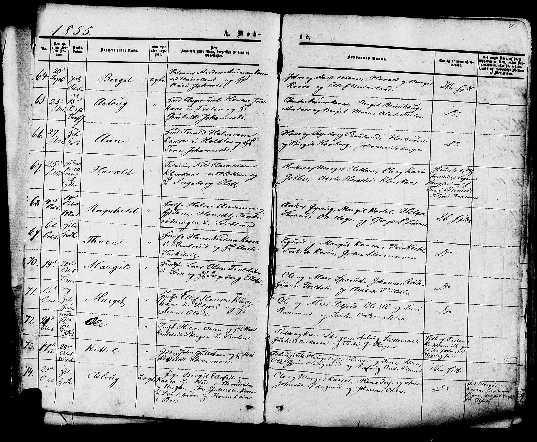 Heddal kirkebøker, AV/SAKO-A-268/F/Fa/L0007: Parish register (official) no. I 7, 1855-1877, p. 7