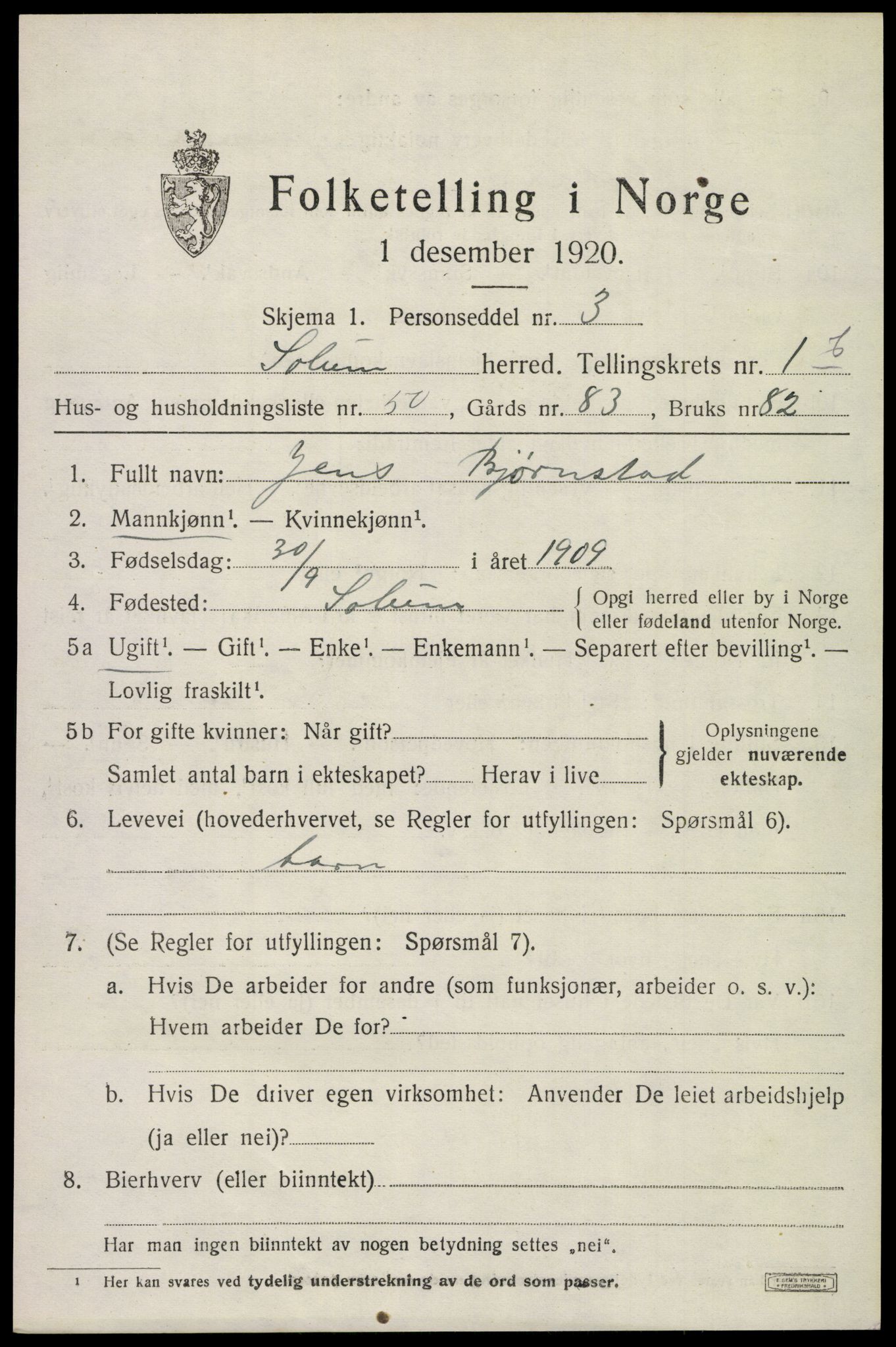 SAKO, 1920 census for Solum, 1920, p. 5240