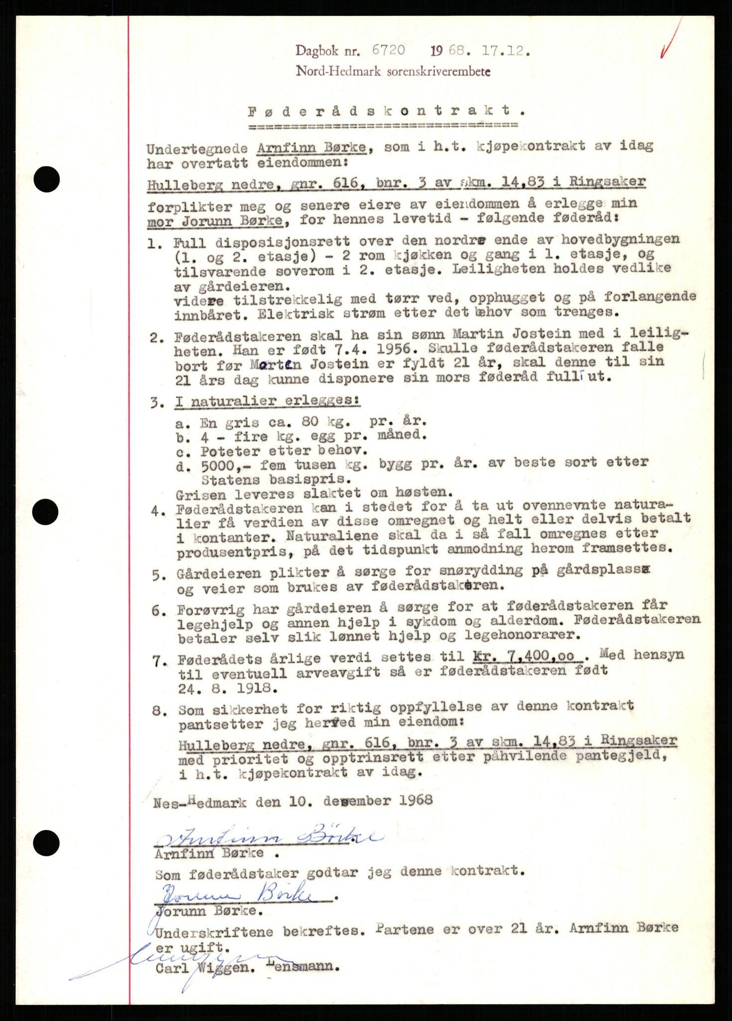Nord-Hedmark sorenskriveri, SAH/TING-012/H/Hb/Hbf/L0077: Mortgage book no. B77, 1968-1969, Diary no: : 6720/1968