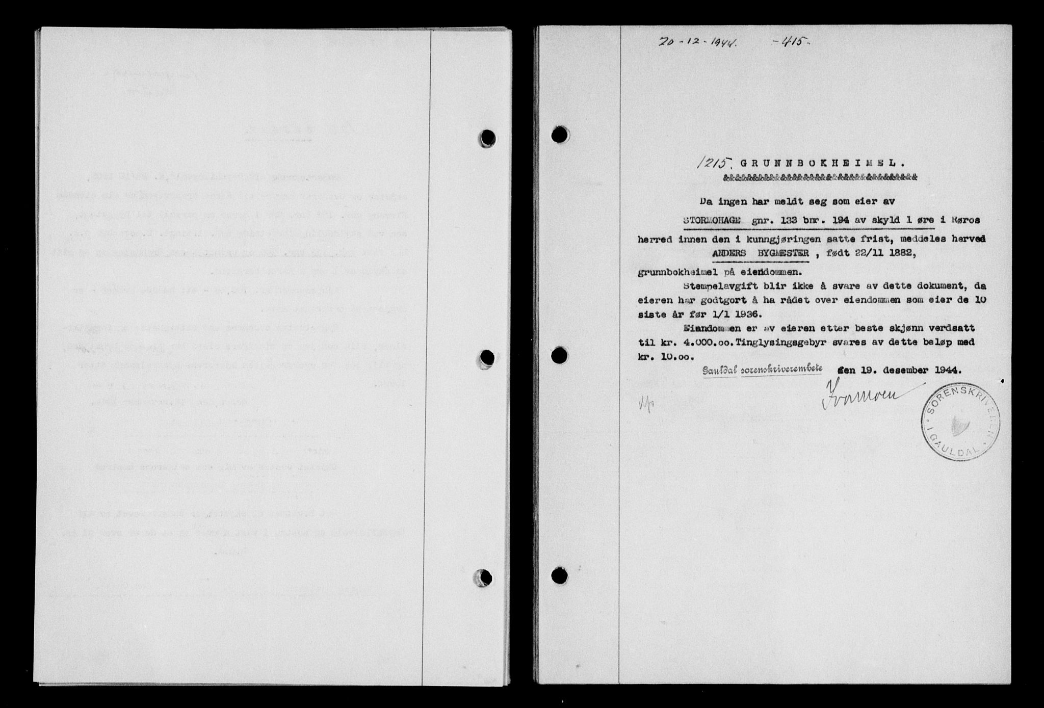 Gauldal sorenskriveri, SAT/A-0014/1/2/2C/L0058: Mortgage book no. 63, 1944-1945, Diary no: : 1215/1944