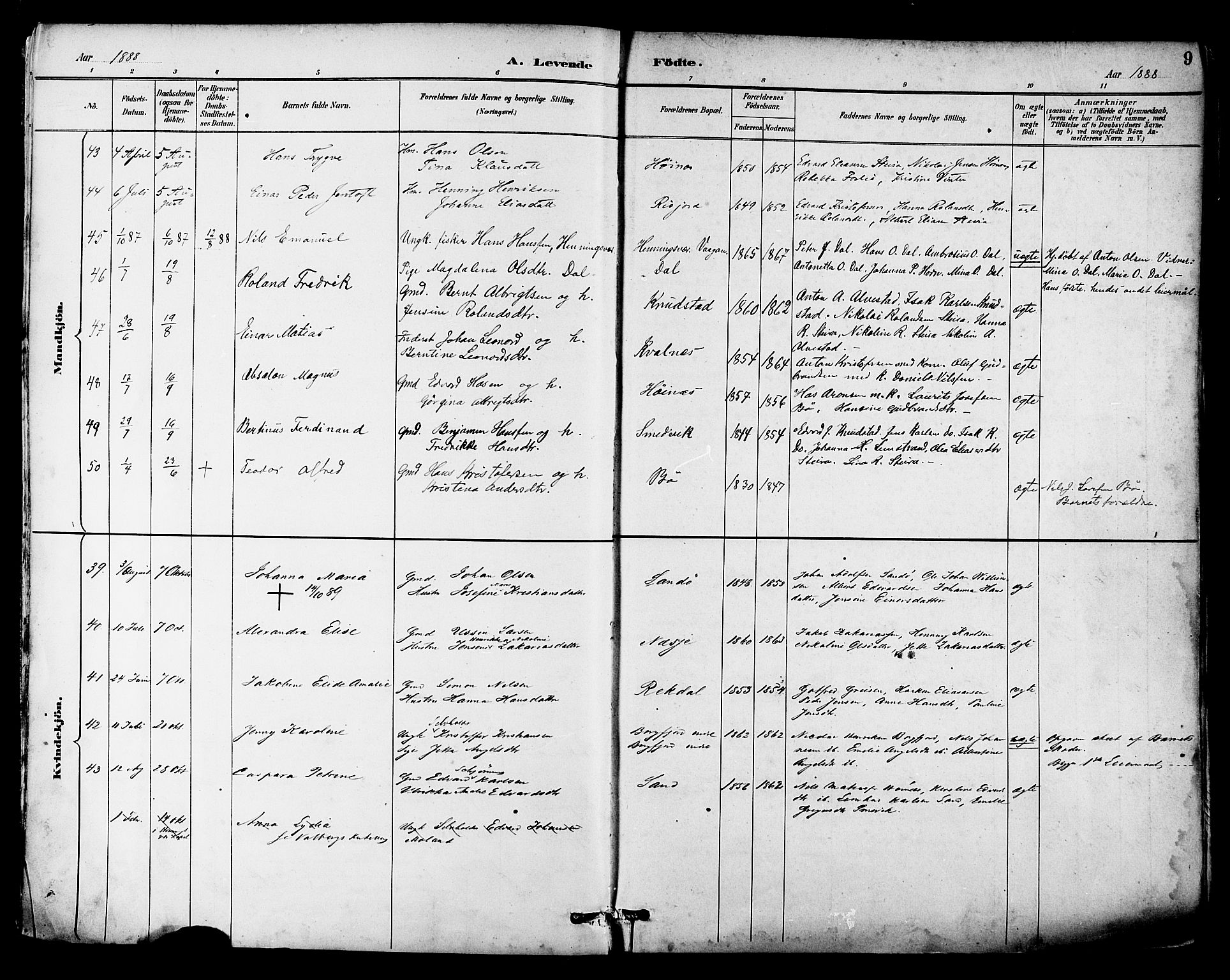 Ministerialprotokoller, klokkerbøker og fødselsregistre - Nordland, AV/SAT-A-1459/880/L1133: Parish register (official) no. 880A07, 1888-1898, p. 9