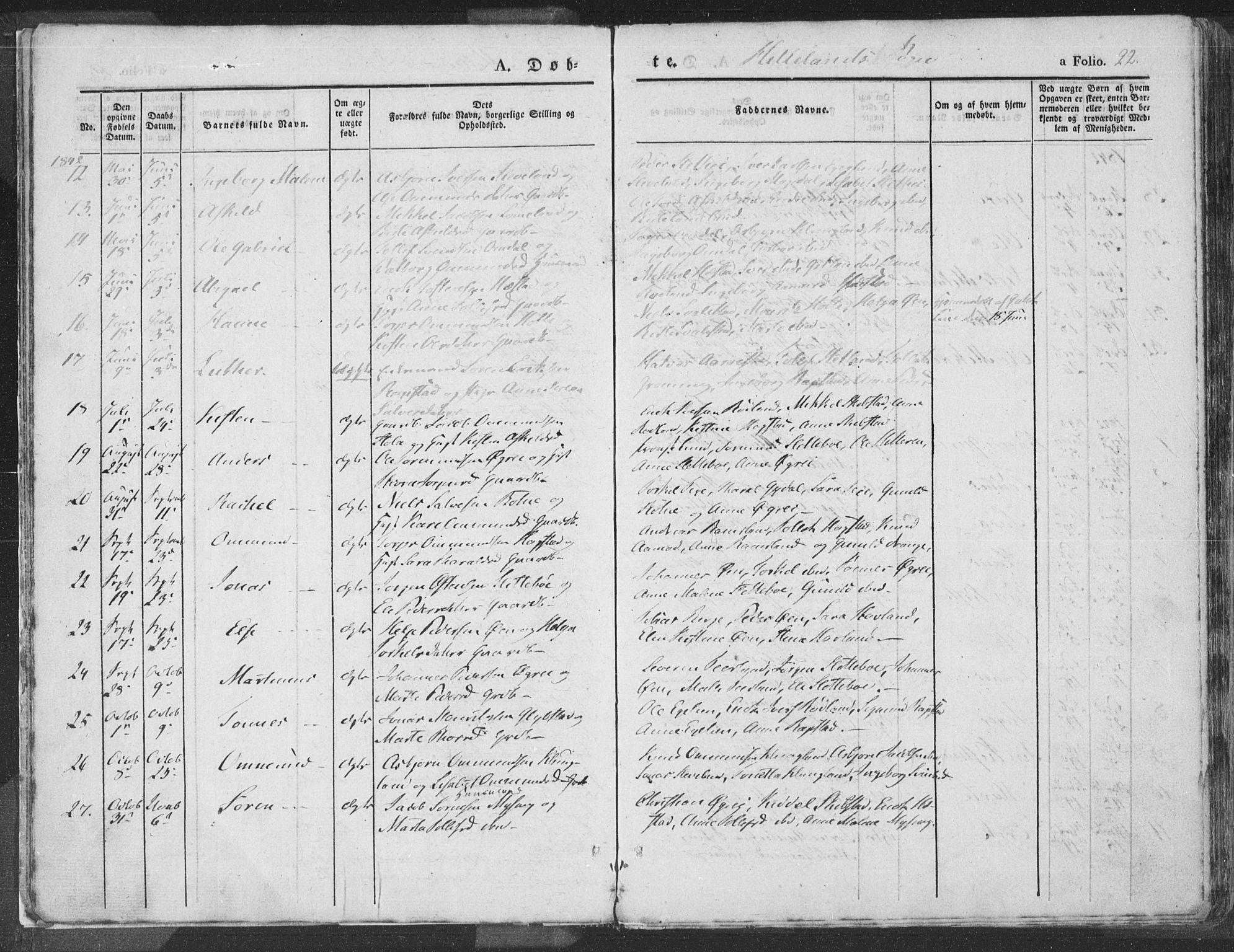 Helleland sokneprestkontor, AV/SAST-A-101810: Parish register (official) no. A 6.1, 1834-1863, p. 22