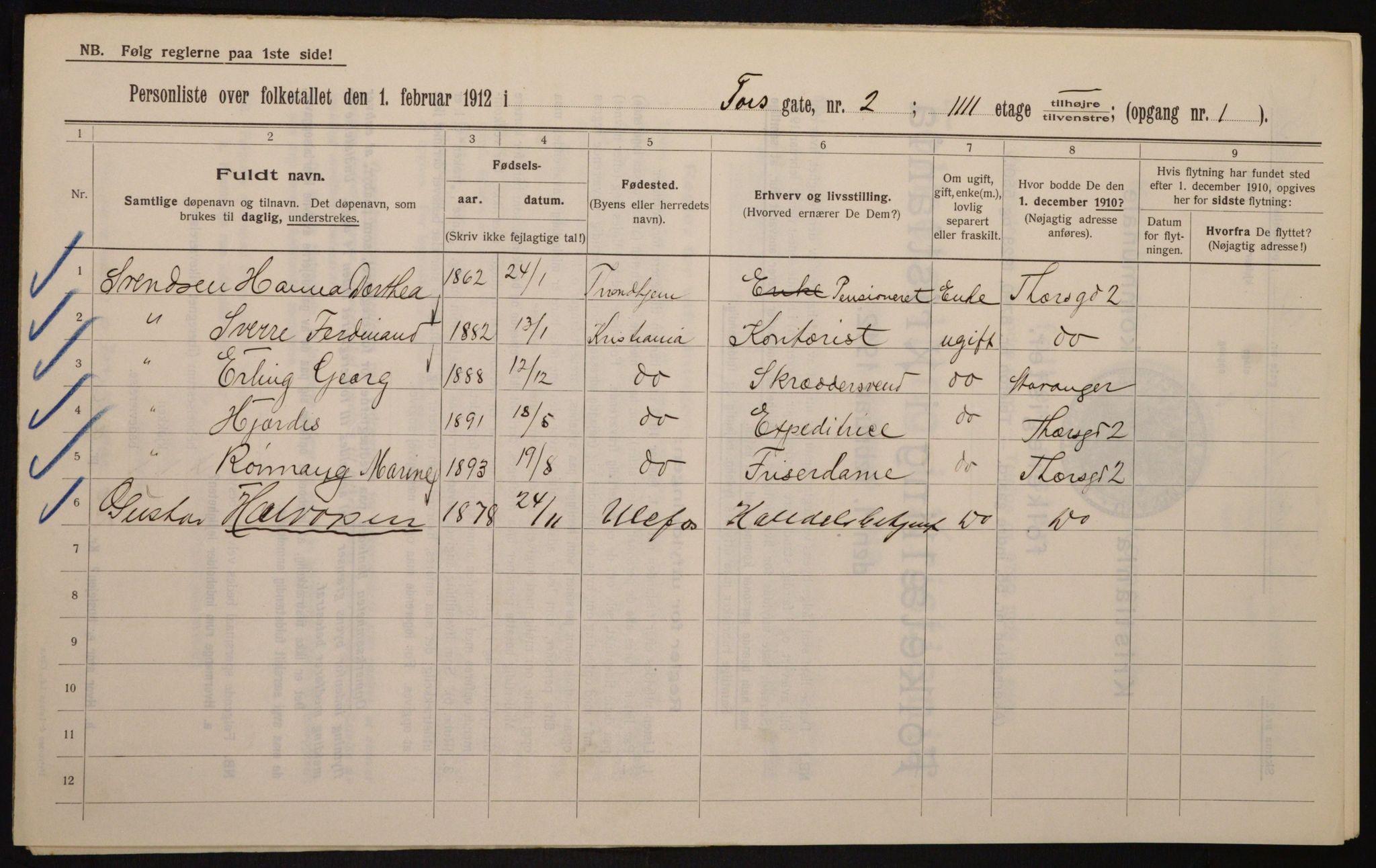 OBA, Municipal Census 1912 for Kristiania, 1912, p. 114320