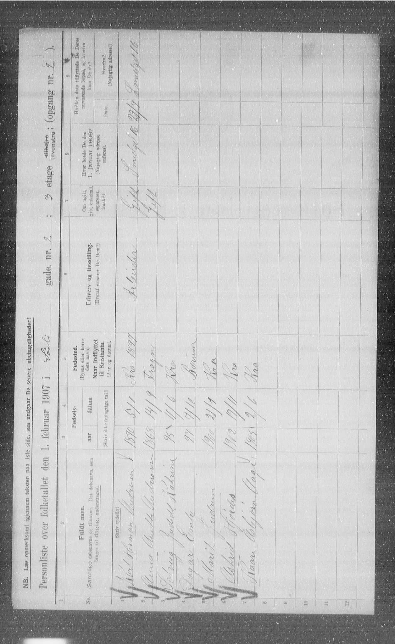 OBA, Municipal Census 1907 for Kristiania, 1907, p. 54152