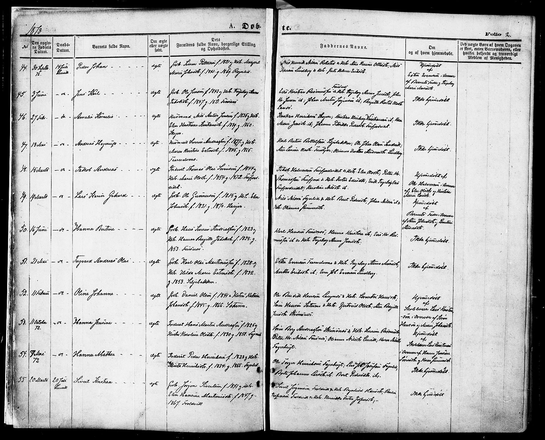 Lenvik sokneprestembete, AV/SATØ-S-1310/H/Ha/Haa/L0010kirke: Parish register (official) no. 10, 1873-1880, p. 2