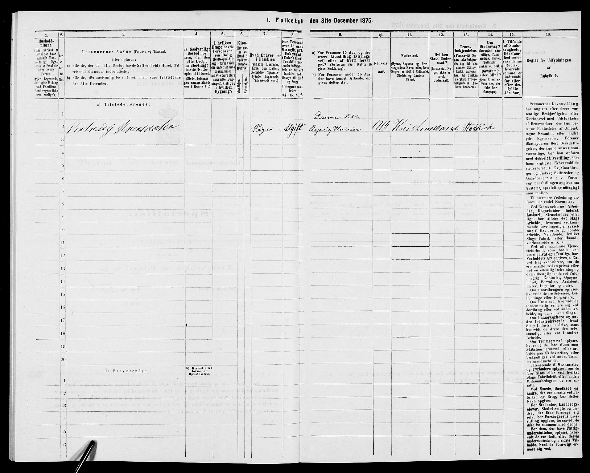 SAK, 1875 census for 1001P Kristiansand, 1875, p. 2005