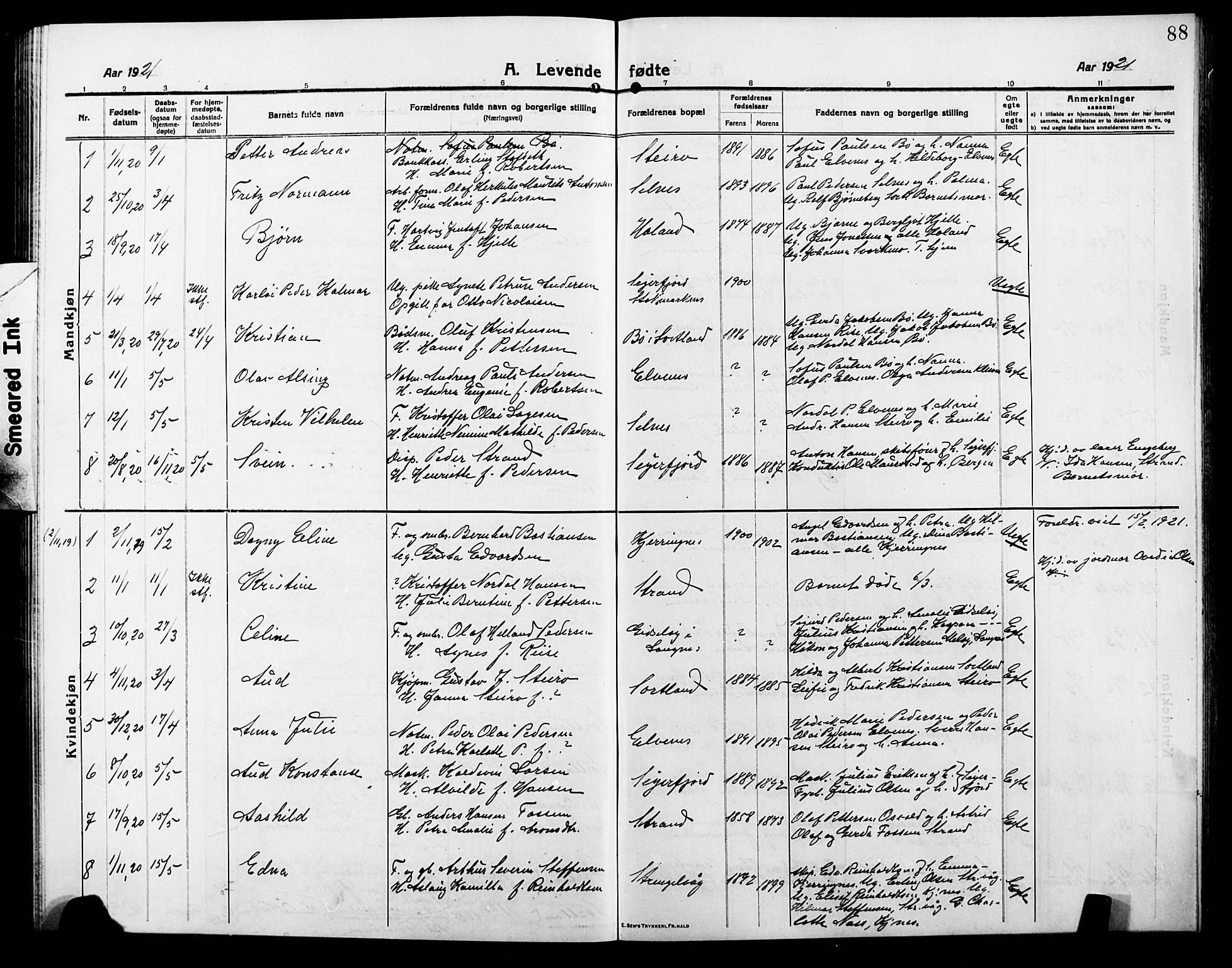 Ministerialprotokoller, klokkerbøker og fødselsregistre - Nordland, SAT/A-1459/895/L1383: Parish register (copy) no. 895C05, 1913-1922, p. 88