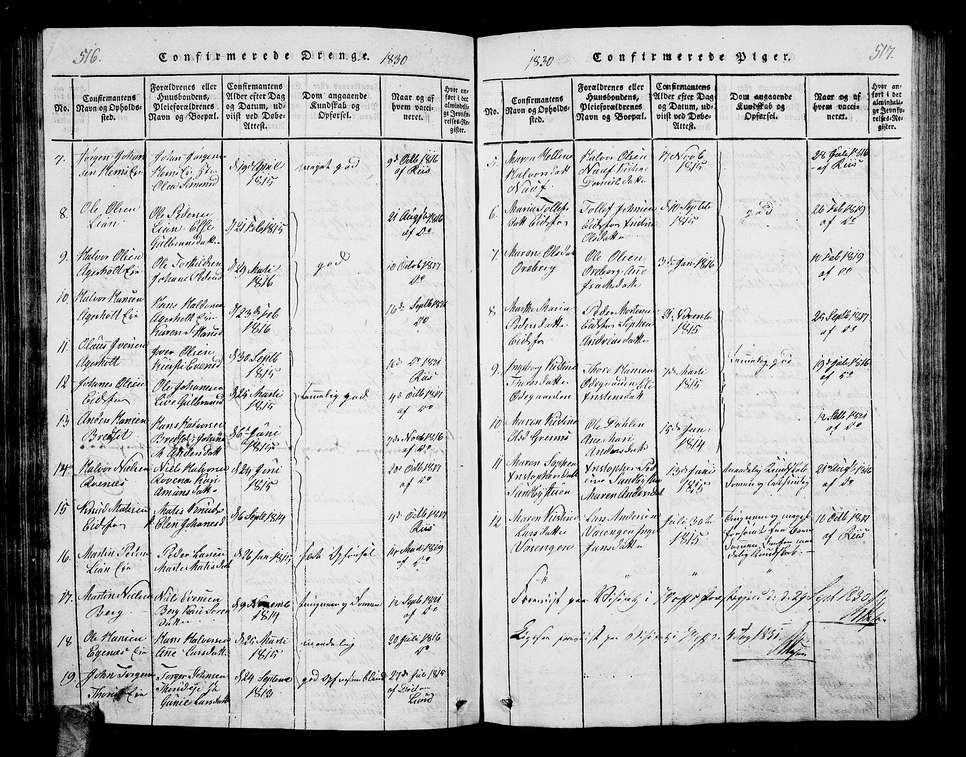 Hof kirkebøker, AV/SAKO-A-64/G/Ga/L0001: Parish register (copy) no. I 1, 1814-1844, p. 516-517