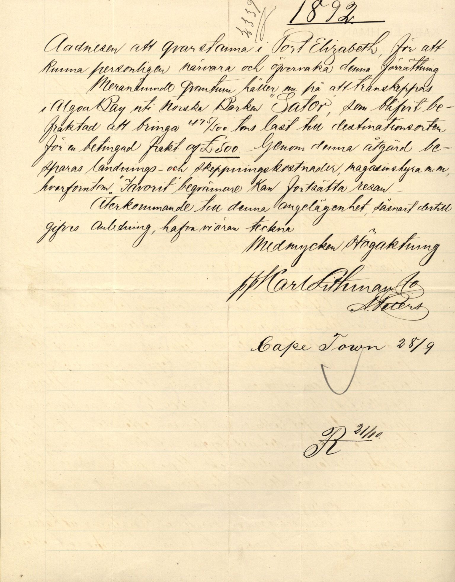 Pa 63 - Østlandske skibsassuranceforening, VEMU/A-1079/G/Ga/L0028/0002: Havaridokumenter / Marie, Favorit, Tabor, Sylphiden, Berthel, America, 1892, p. 19