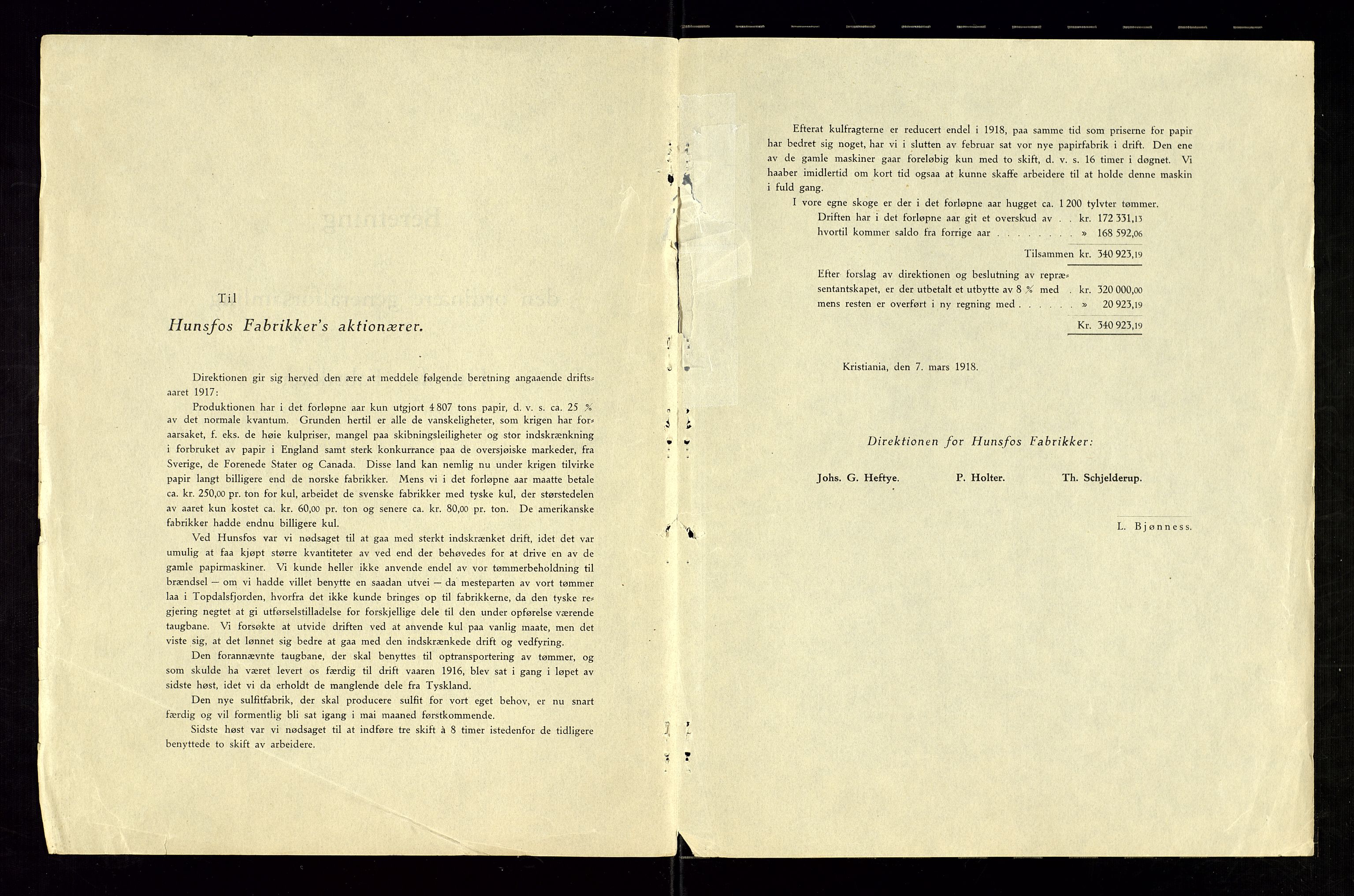 Hunsfos fabrikker, AV/SAK-D/1440/01/L0001/0003: Vedtekter, anmeldelser og årsberetninger / Årsberetninger og regnskap, 1918-1989, p. 2