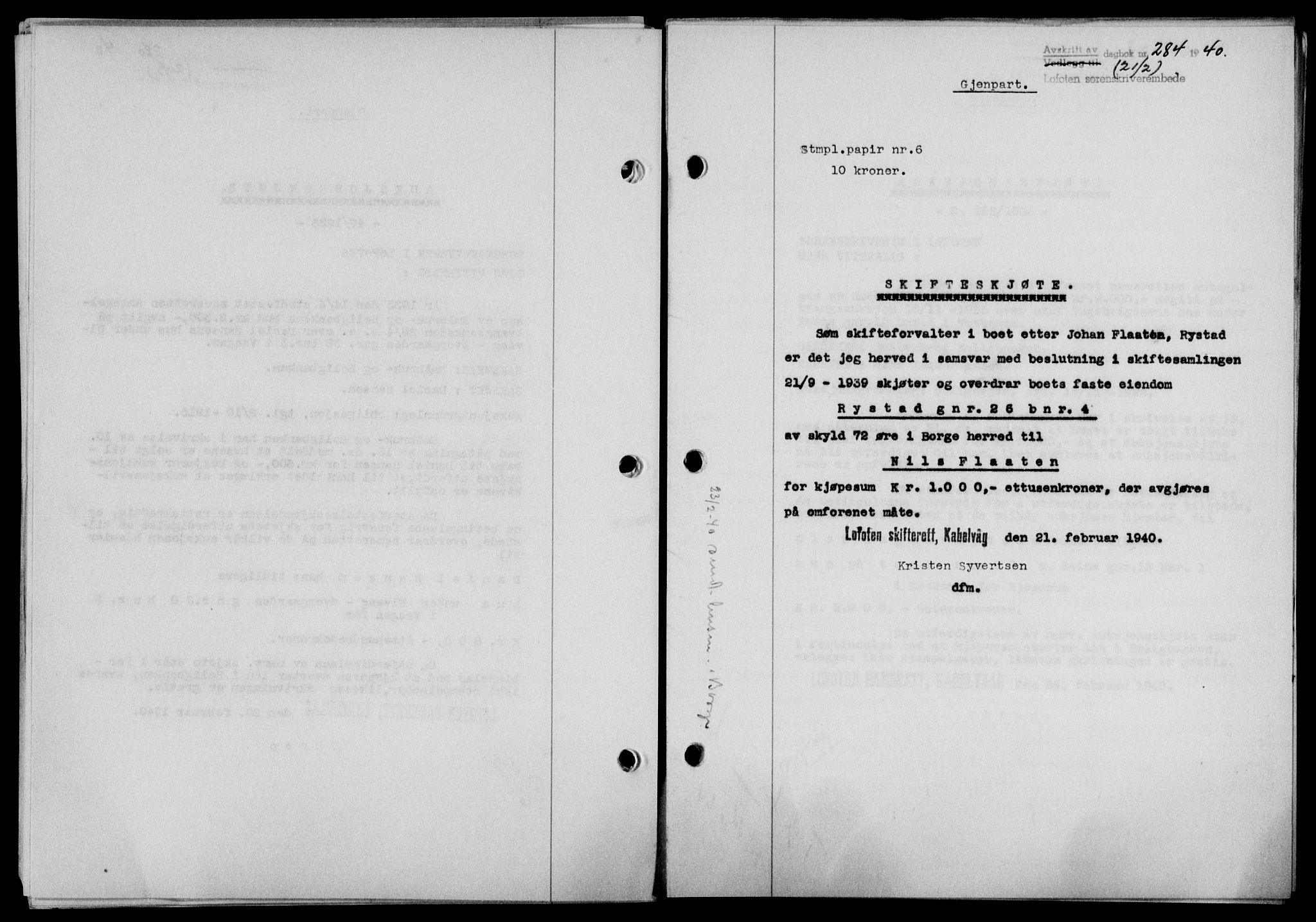 Lofoten sorenskriveri, SAT/A-0017/1/2/2C/L0007a: Mortgage book no. 7a, 1939-1940, Diary no: : 284/1940