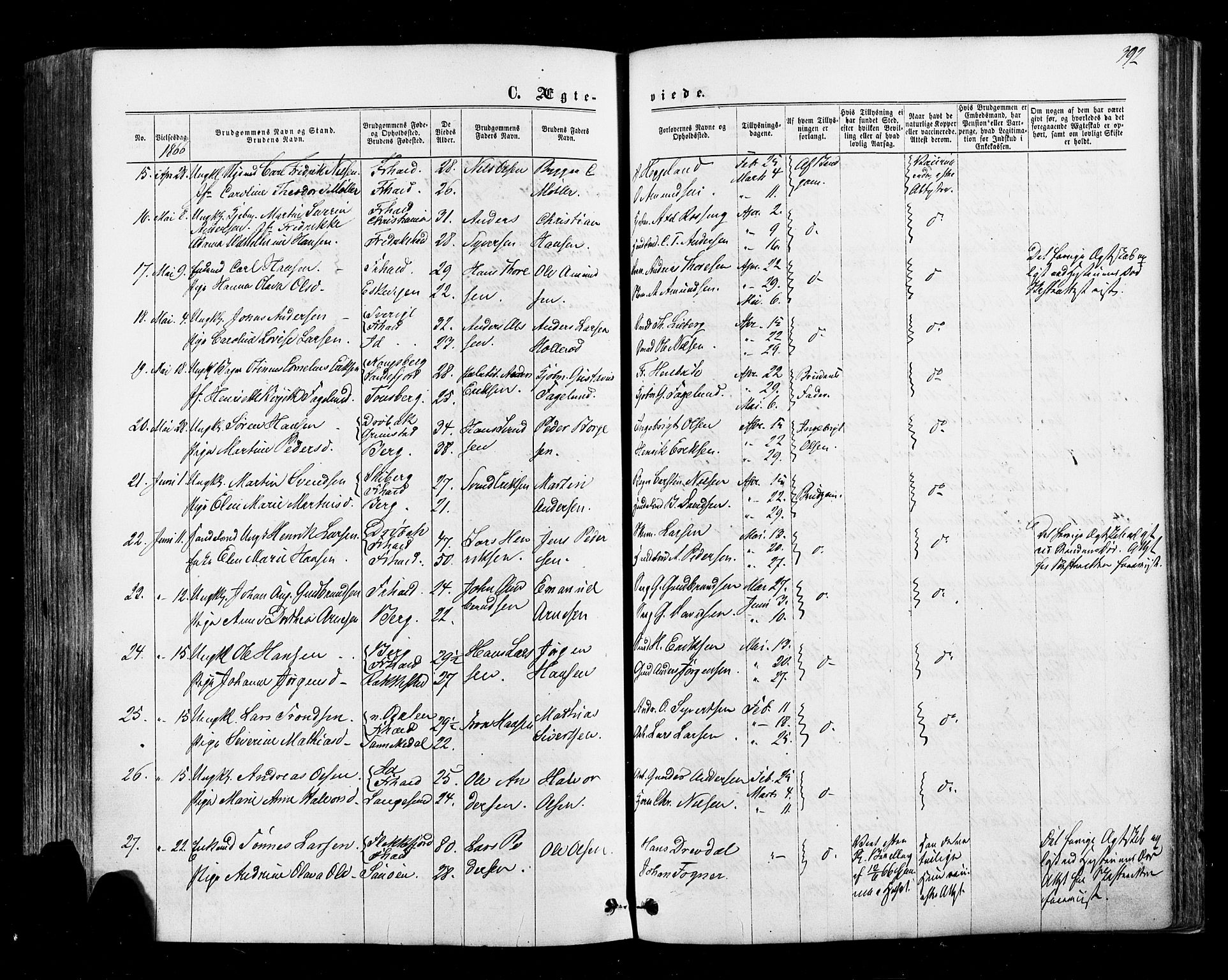 Halden prestekontor Kirkebøker, AV/SAO-A-10909/F/Fa/L0009: Parish register (official) no. I 9, 1866-1877, p. 392