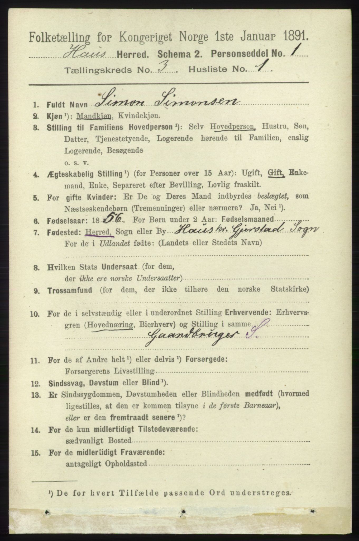 RA, 1891 census for 1250 Haus, 1891, p. 960