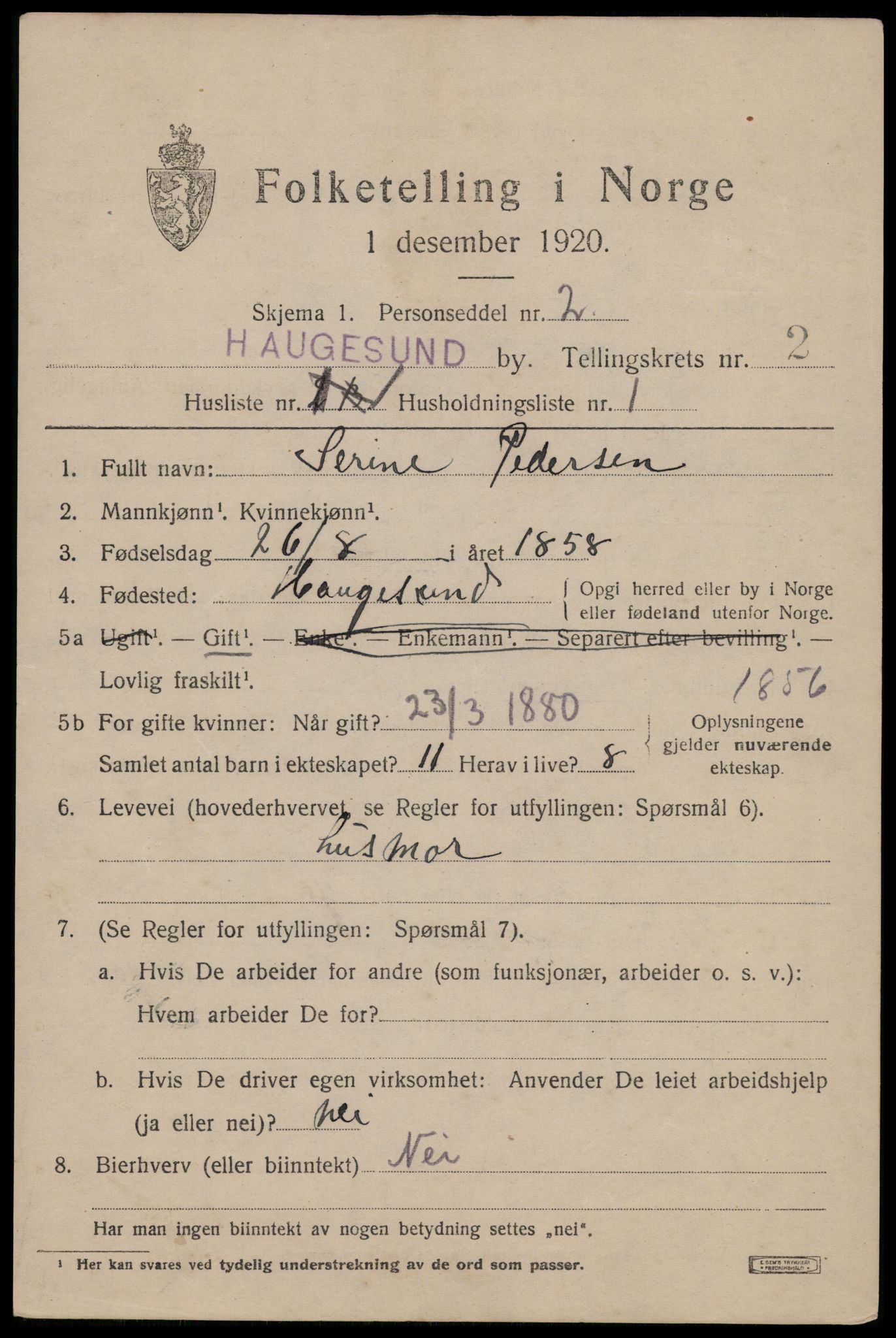 SAST, 1920 census for Haugesund, 1920, p. 12809