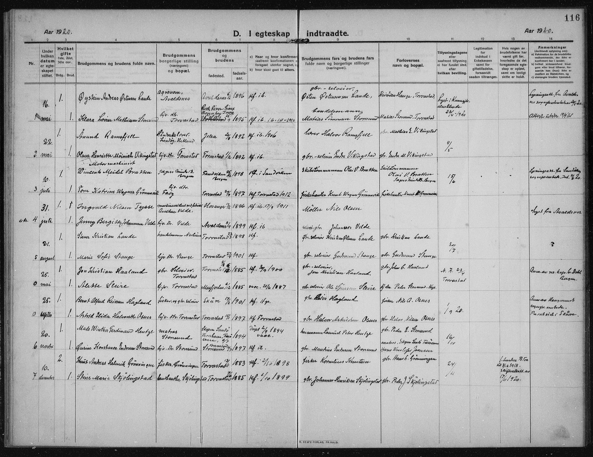 Torvastad sokneprestkontor, SAST/A -101857/H/Ha/Haa/L0019: Parish register (official) no. A 18, 1912-1920, p. 116