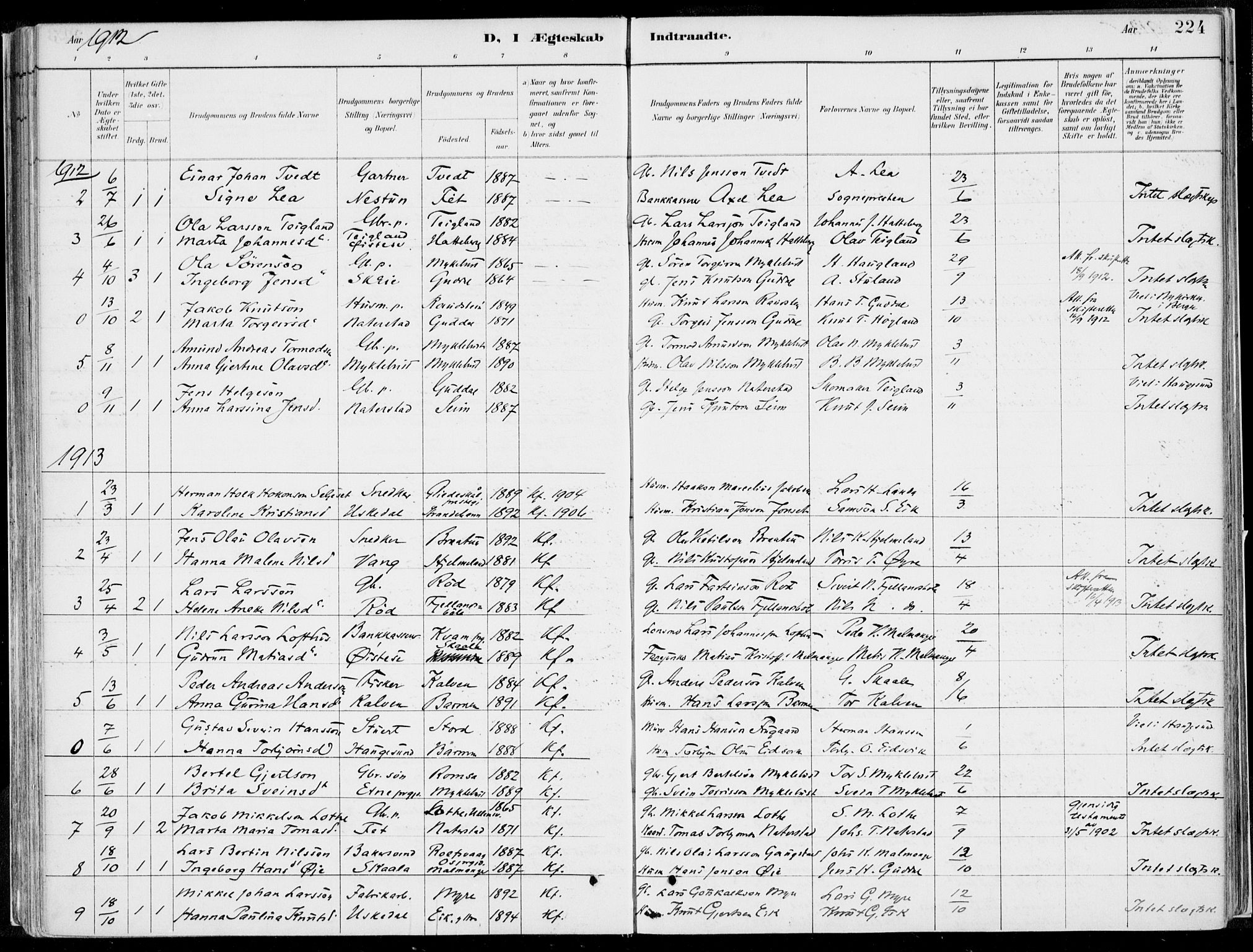Kvinnherad sokneprestembete, SAB/A-76401/H/Haa: Parish register (official) no. B  1, 1887-1921, p. 224