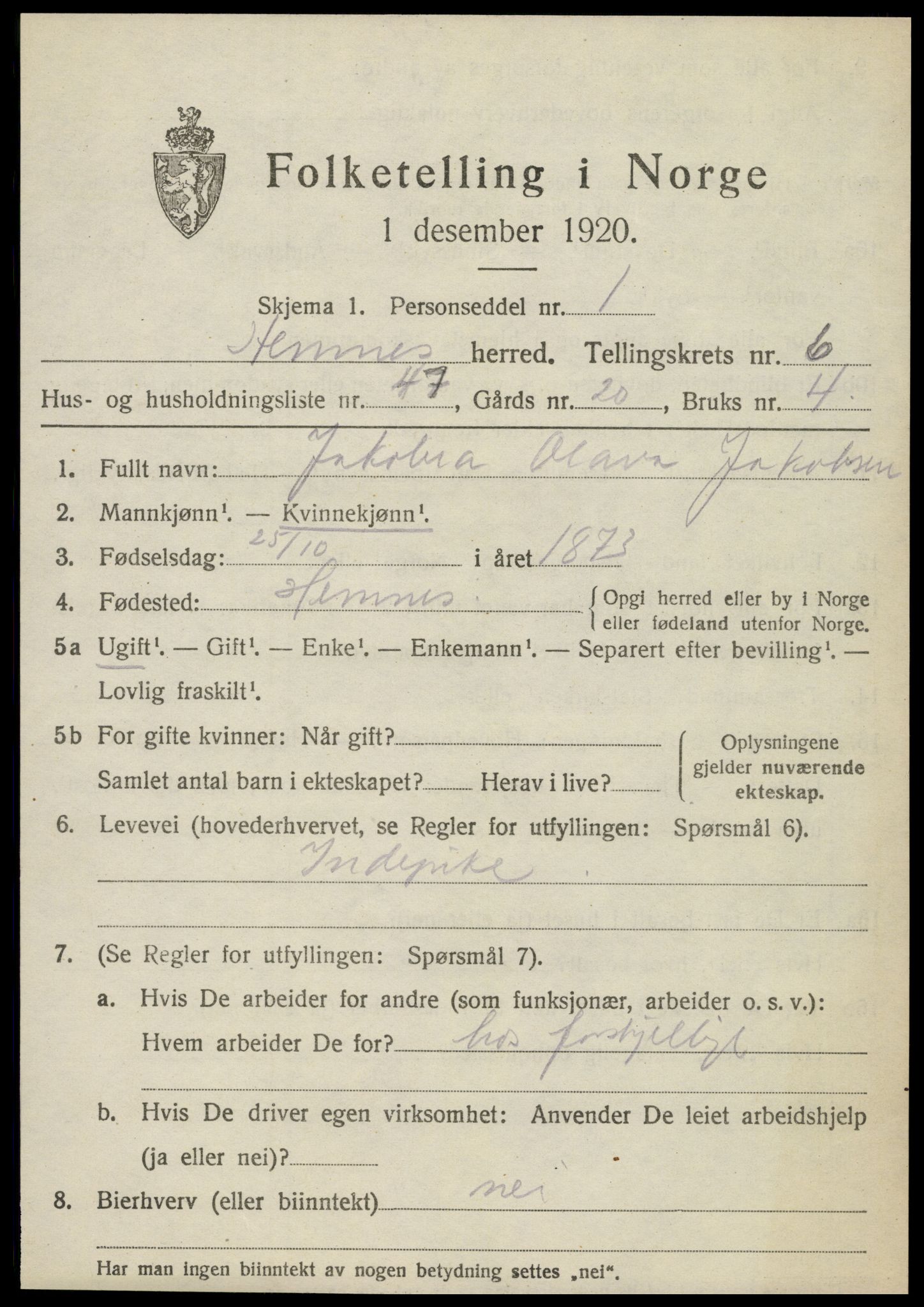 SAT, 1920 census for Hemnes, 1920, p. 6920