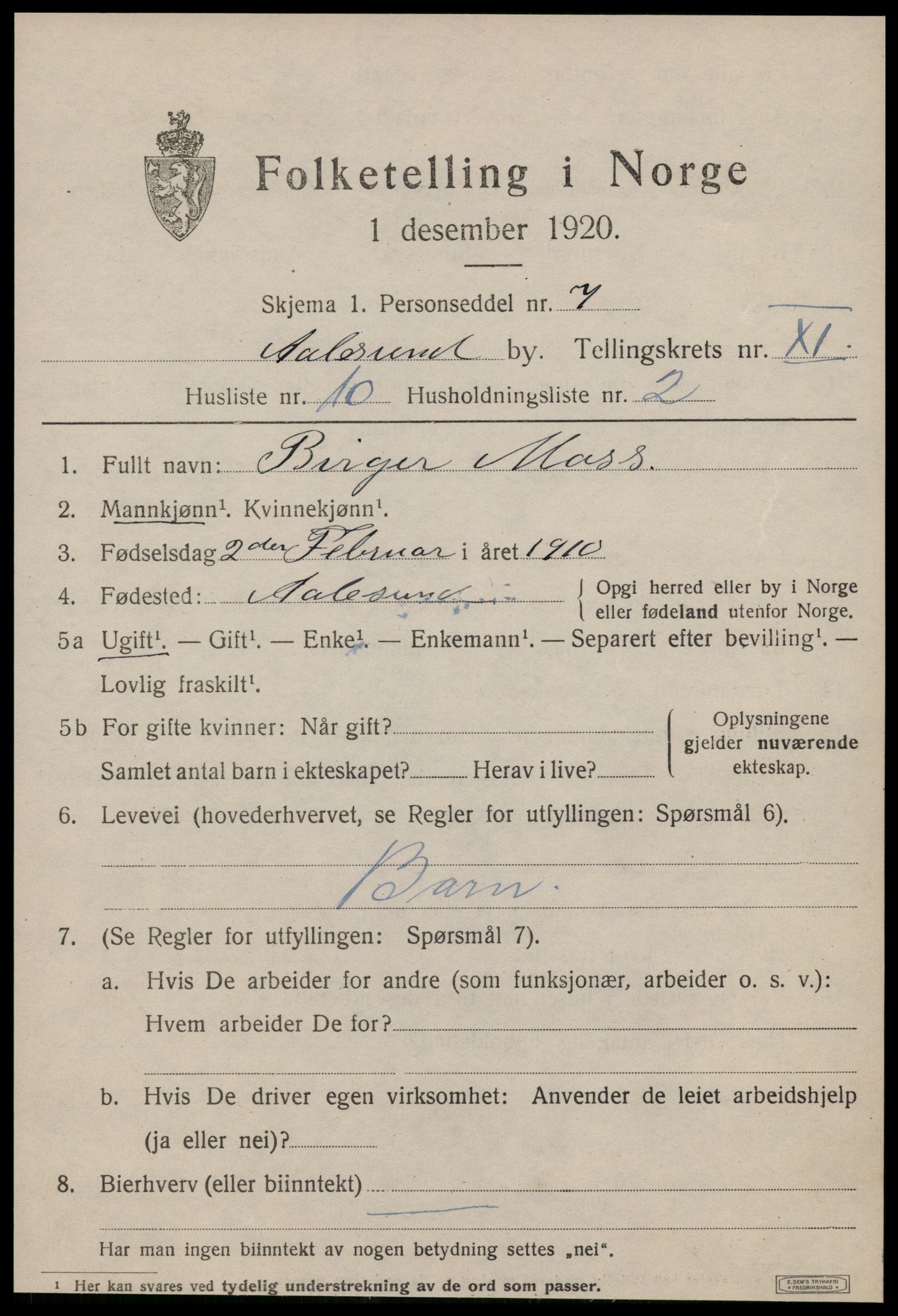 SAT, 1920 census for Ålesund, 1920, p. 24910