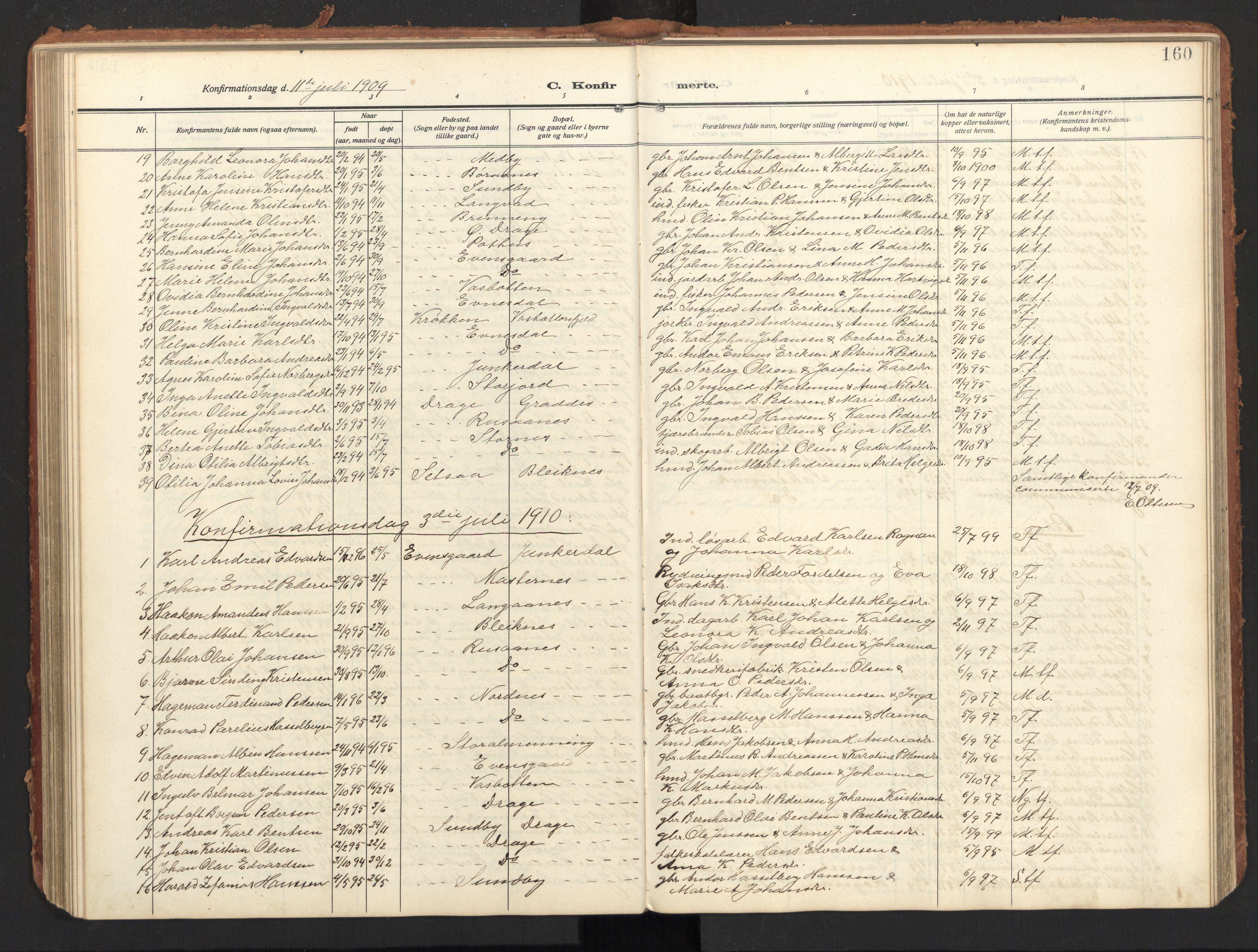 Ministerialprotokoller, klokkerbøker og fødselsregistre - Nordland, SAT/A-1459/847/L0683: Parish register (copy) no. 847C11, 1908-1929, p. 160