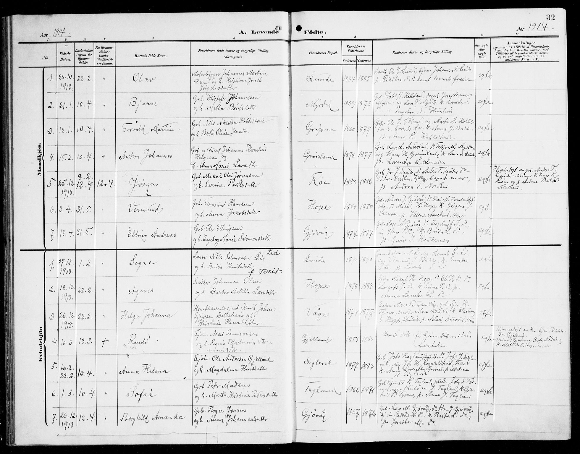 Tysnes sokneprestembete, AV/SAB-A-78601/H/Haa: Parish register (official) no. B 2, 1907-1925, p. 32