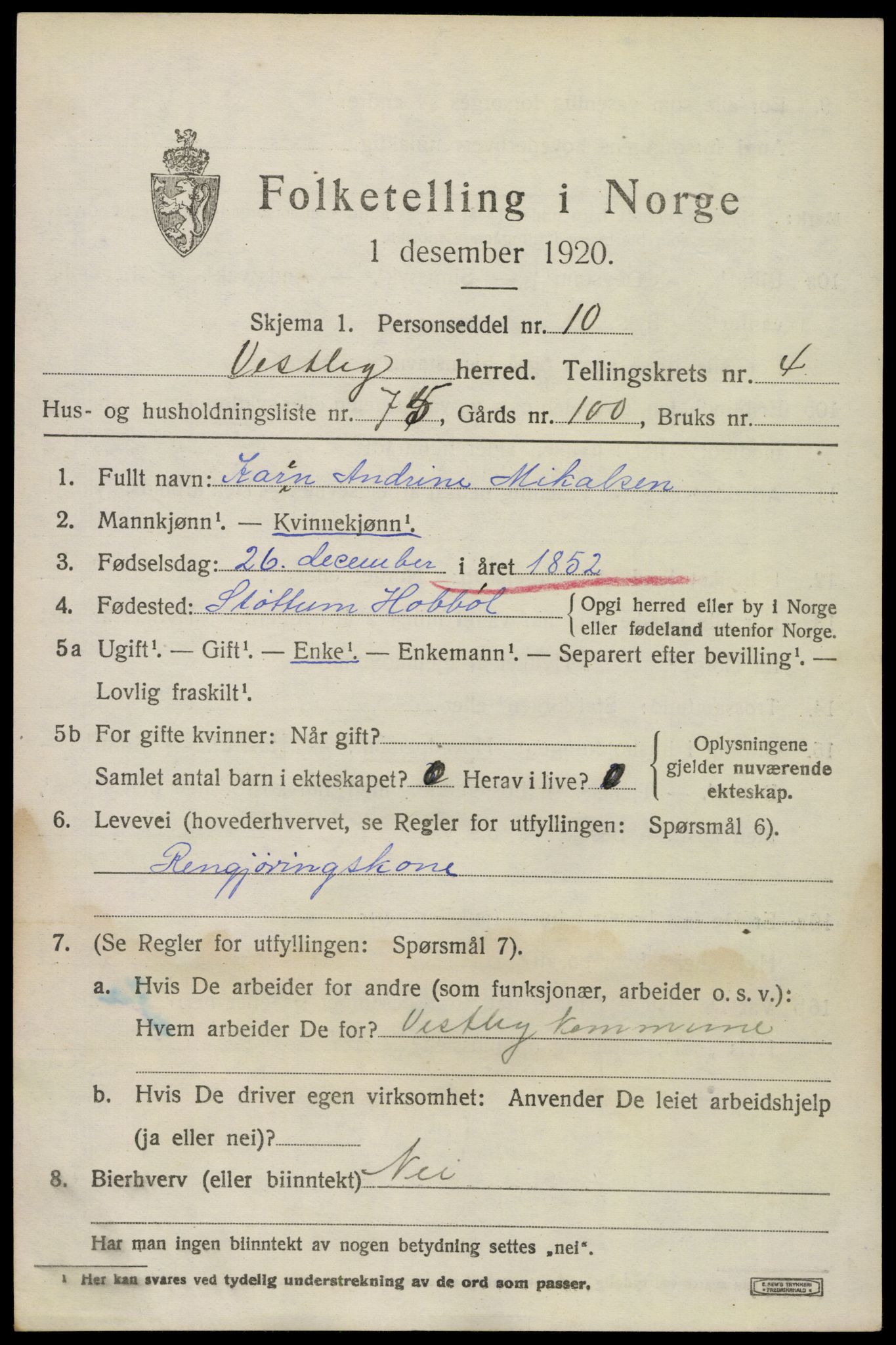 SAO, 1920 census for Vestby, 1920, p. 5271