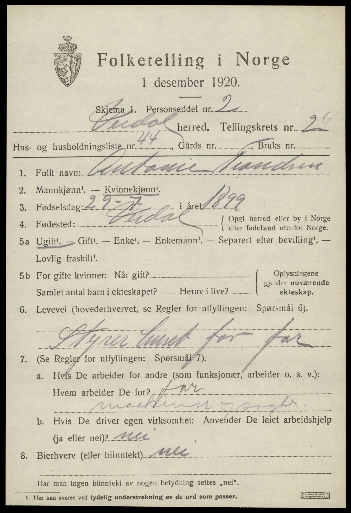 SAT, 1920 census for Verdal, 1920, p. 4621