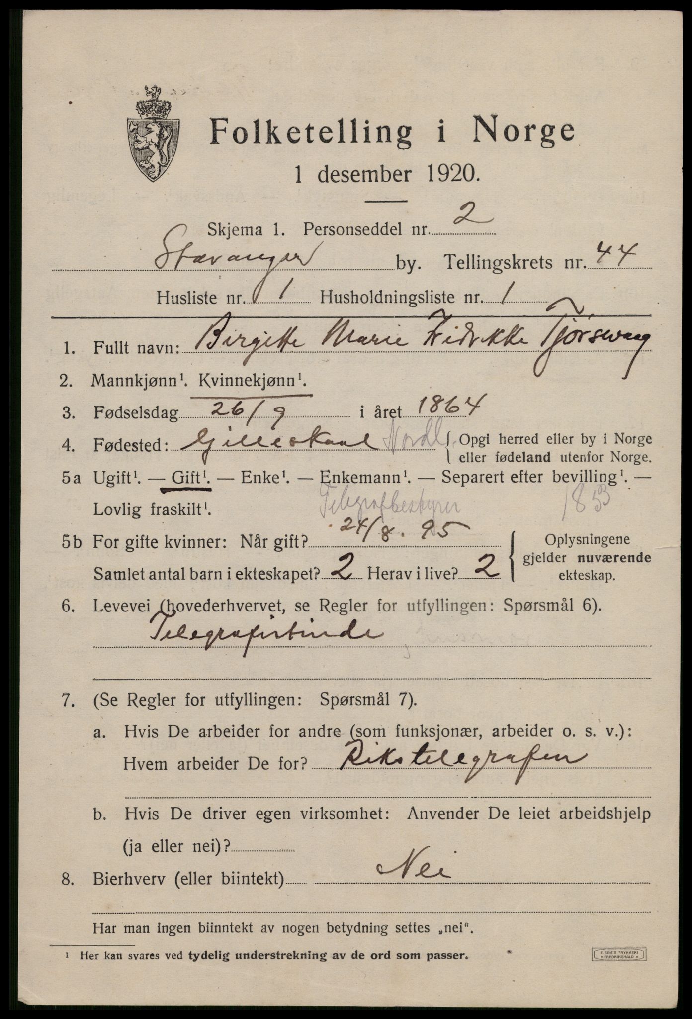 SAST, 1920 census for Stavanger, 1920, p. 108564