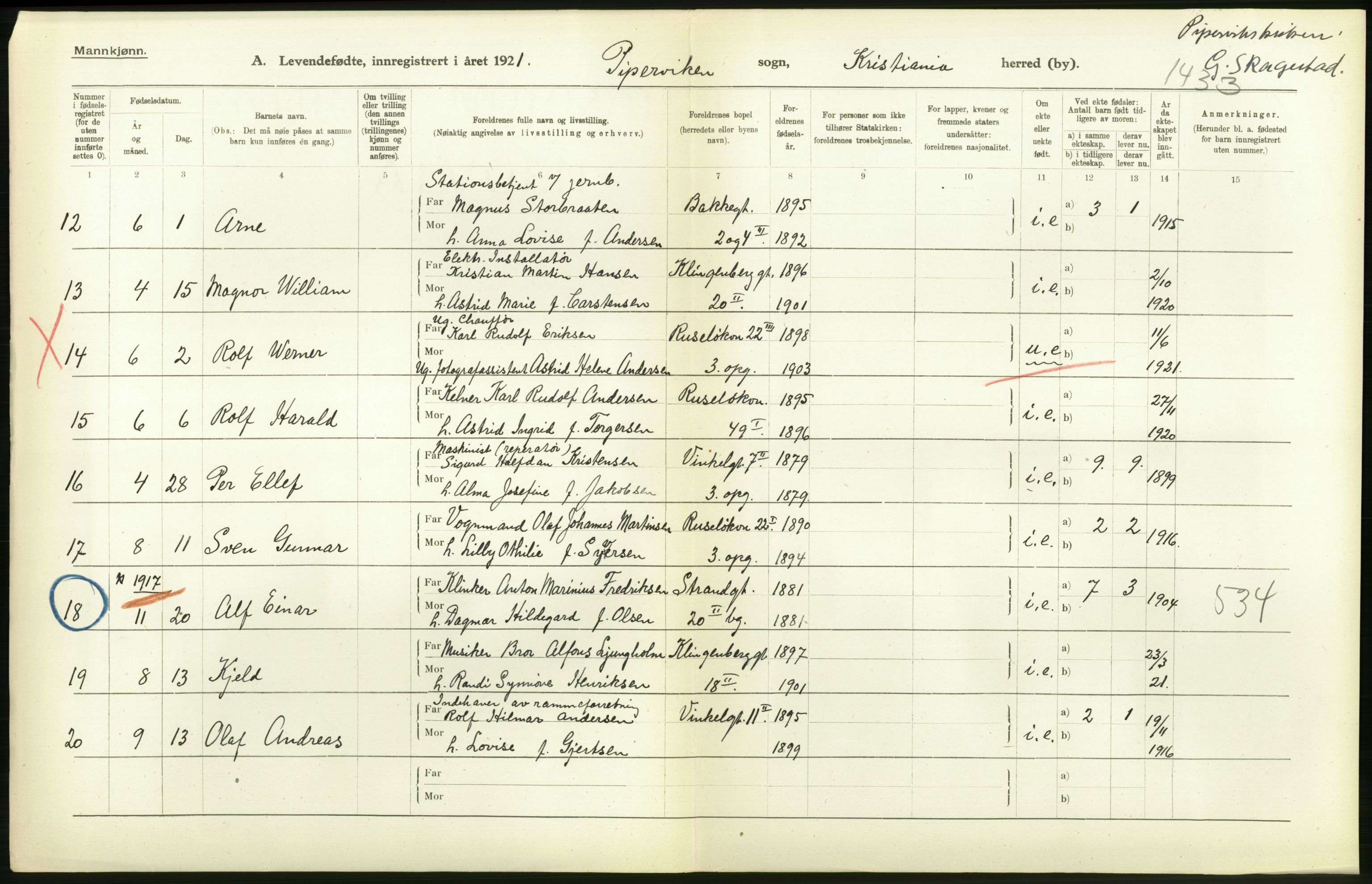 Statistisk sentralbyrå, Sosiodemografiske emner, Befolkning, RA/S-2228/D/Df/Dfc/Dfca/L0009: Kristiania: Levendefødte menn og kvinner., 1921, p. 324