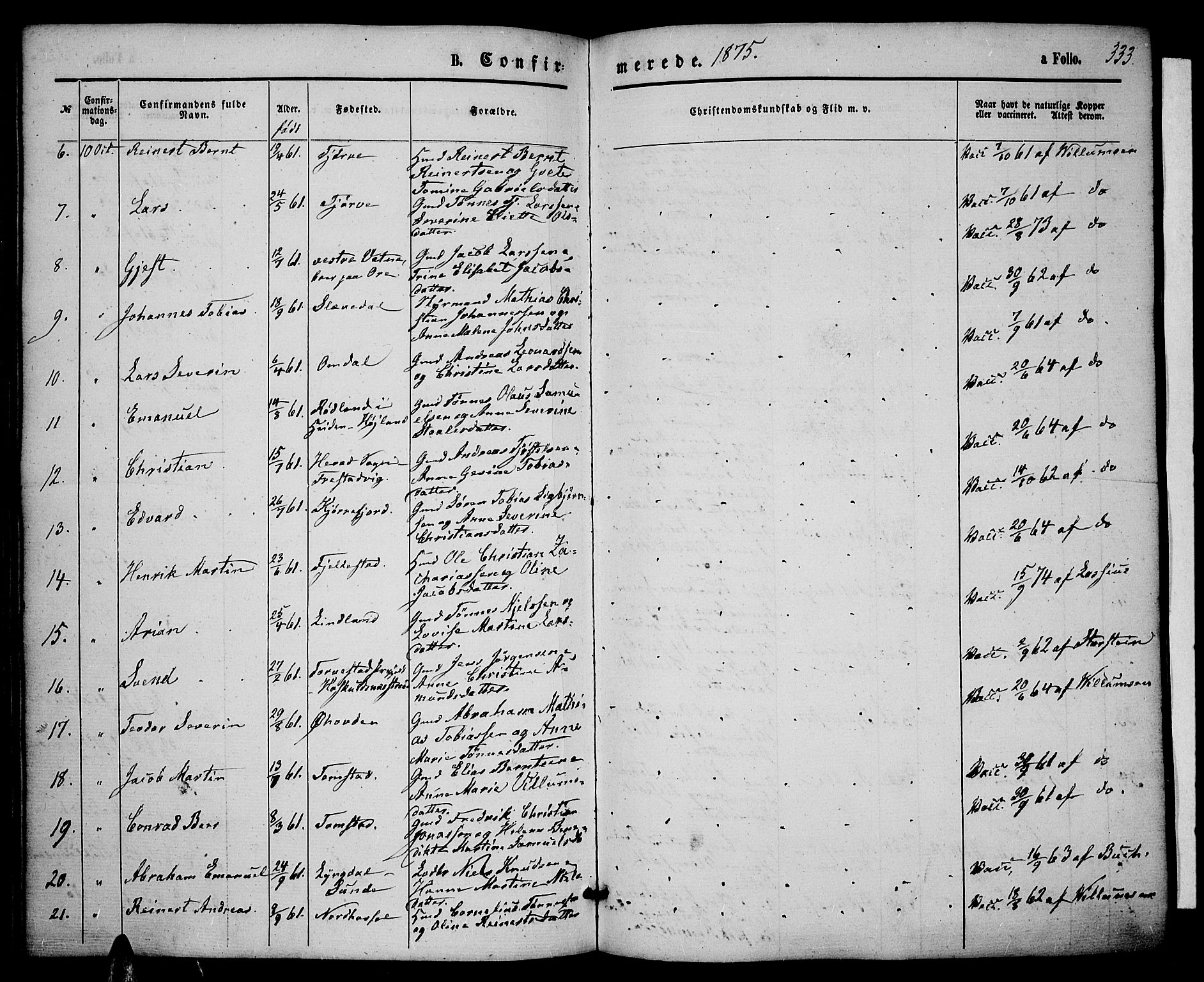 Lista sokneprestkontor, AV/SAK-1111-0027/F/Fb/L0003: Parish register (copy) no. B 3, 1862-1877, p. 333