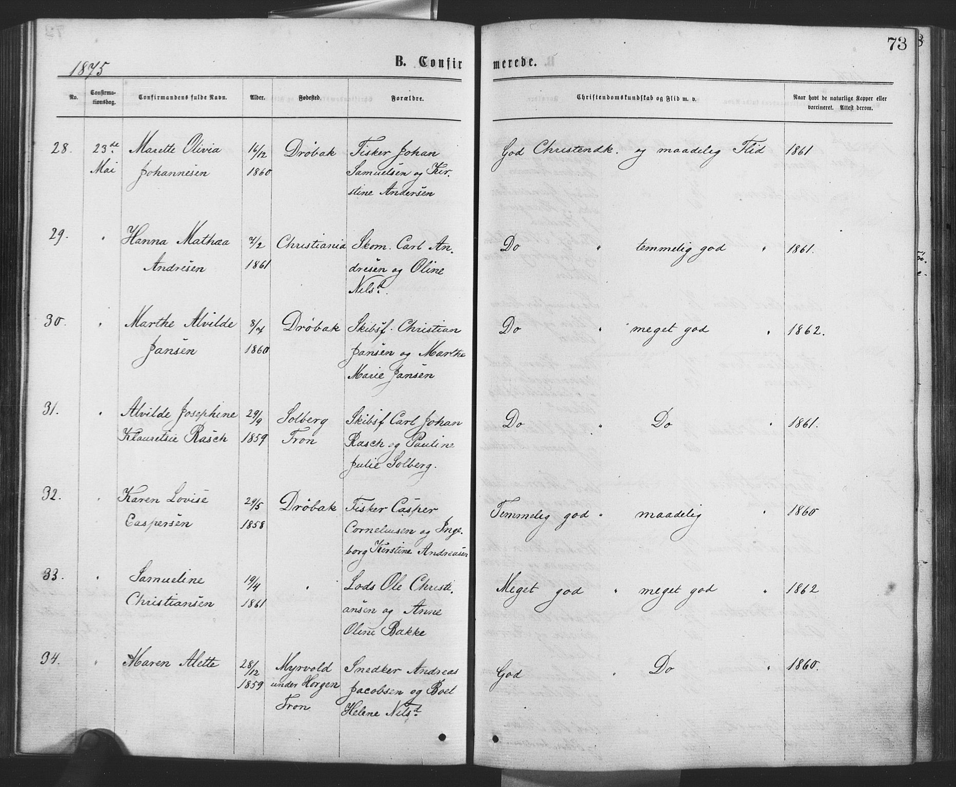 Drøbak prestekontor Kirkebøker, SAO/A-10142a/F/Fa/L0003: Parish register (official) no. I 3, 1871-1877, p. 73
