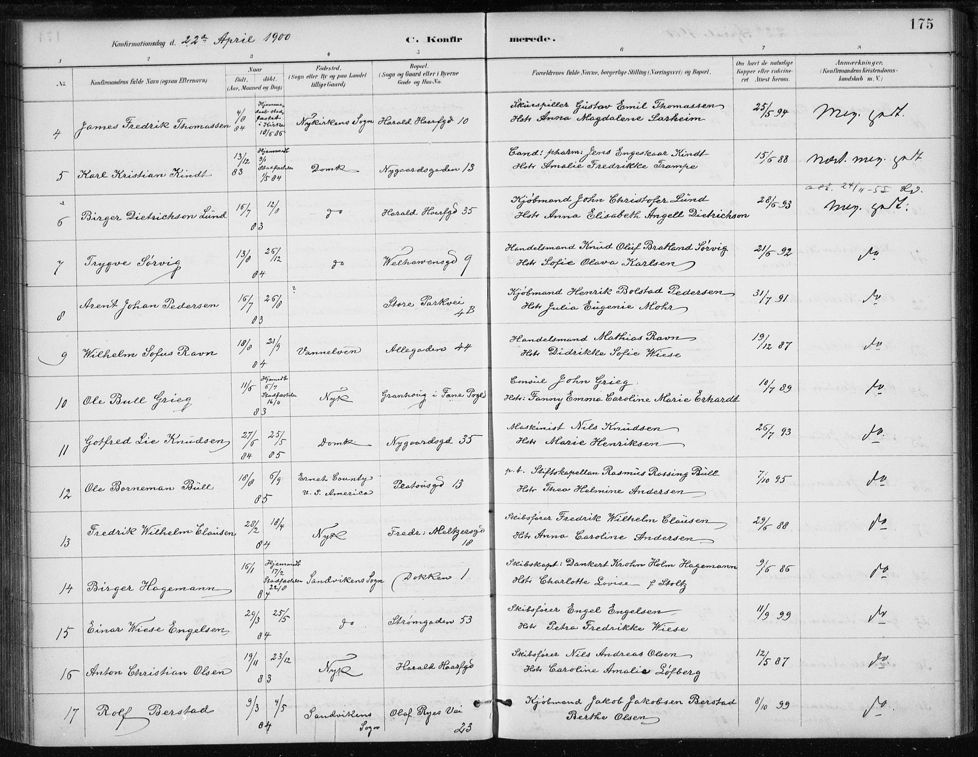 Johanneskirken sokneprestembete, SAB/A-76001/H/Haa/L0008: Parish register (official) no. C 1, 1885-1907, p. 175