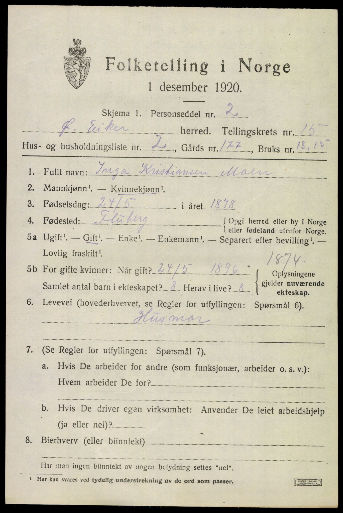 SAKO, 1920 census for Øvre Eiker, 1920, p. 20662